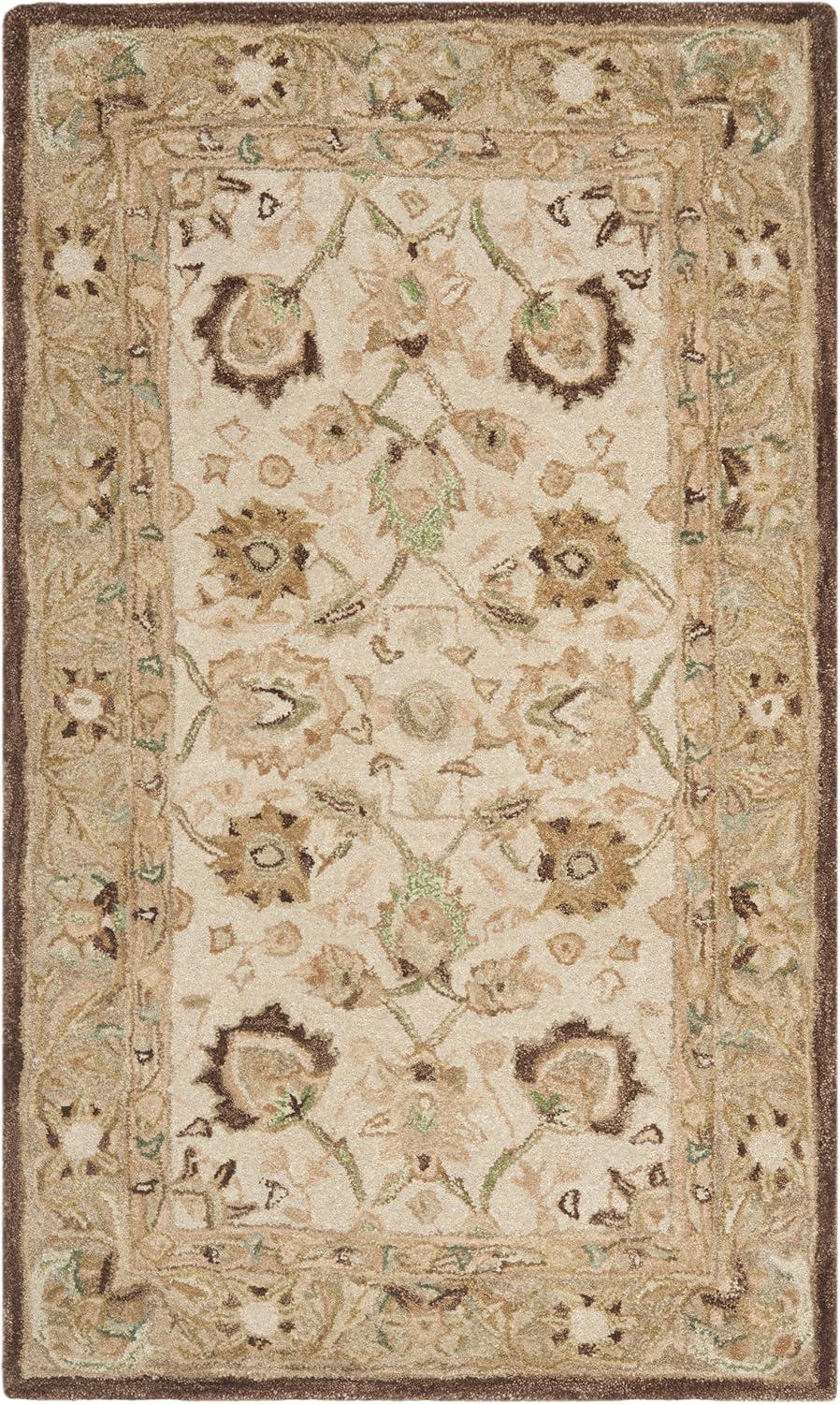 Ivory and Brown Floral Wool Handmade Tufted Rug, 3' x 5'