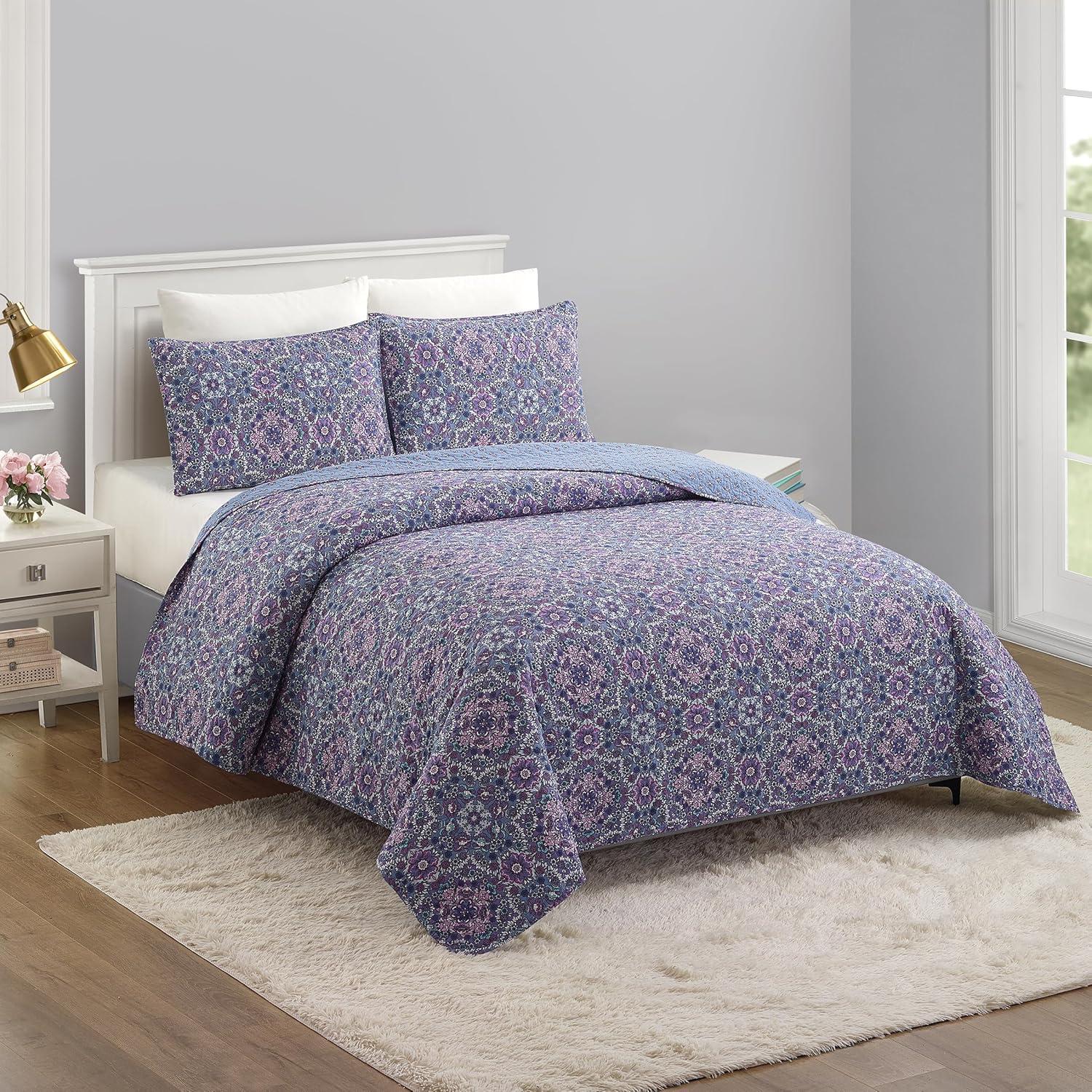Modern Heirloom Lavender Florals 100% Cotton Purple Quilt Set