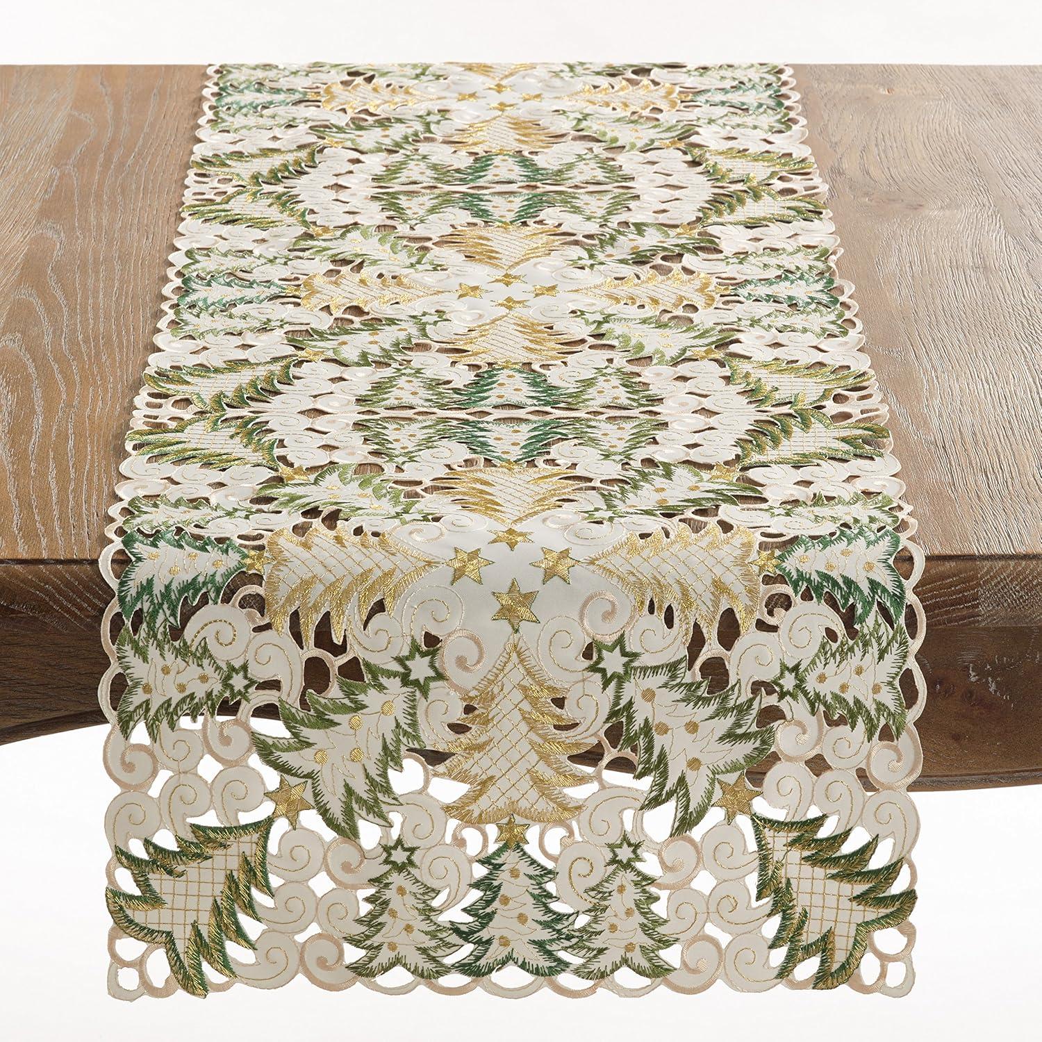 Saro Lifestyle Dining Table Runner With Christmas Tree Cutwork, White, 16" x 68"