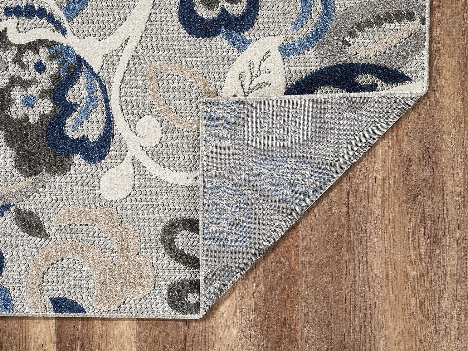 Medium Blue and Gray Synthetic Stain-Resistant Rectangular Rug