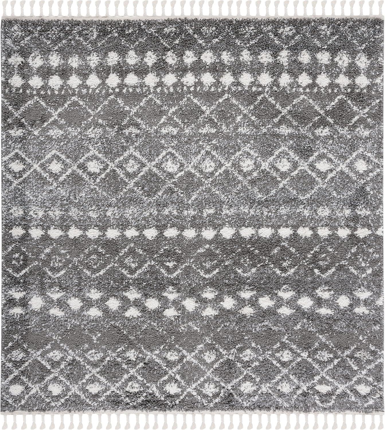 Gray Square Hand-Knotted Shag Area Rug with Fringe Detail