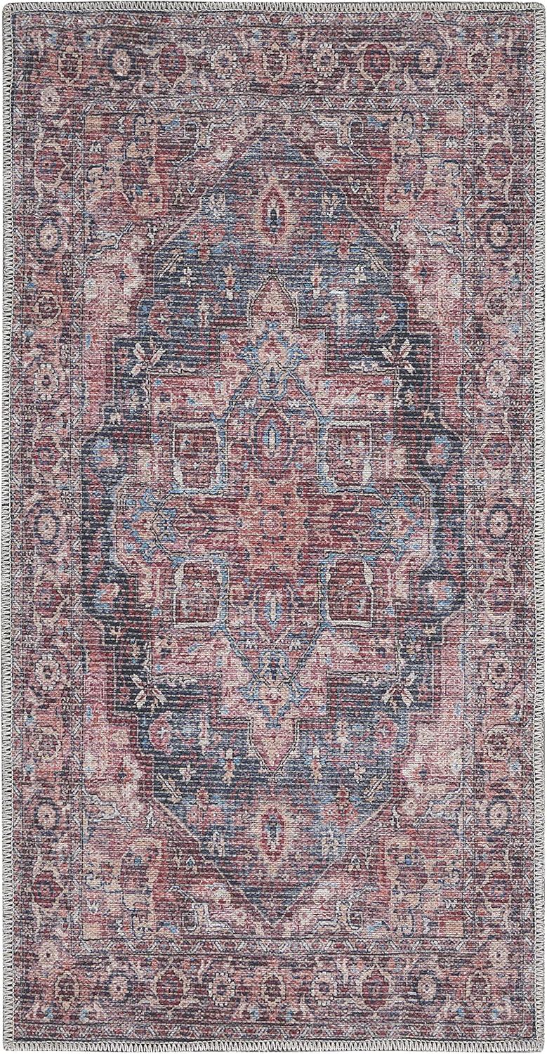 Machine Washable Oriental Blue/Brick Red Area Rug