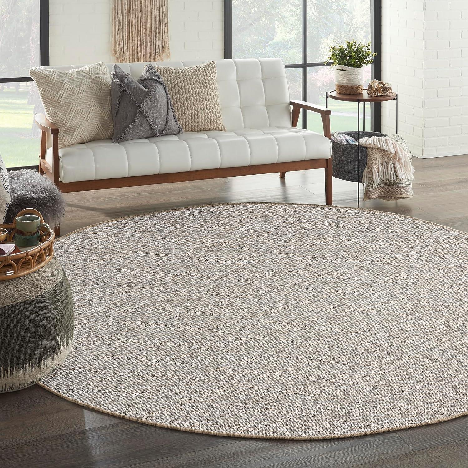 Grey Mocha Round Geometric Synthetic Washable Area Rug