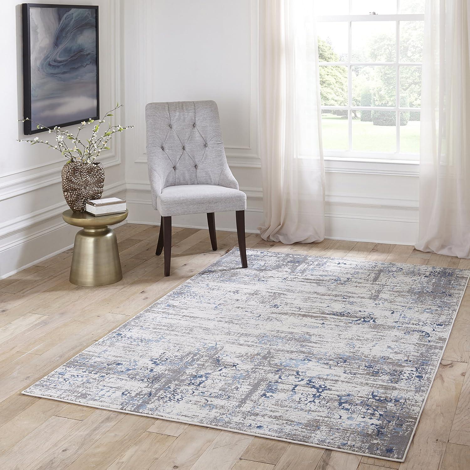 Modern Vintage Blue Rectangular Viscose Blend Area Rug, 7'6" X 9'6"