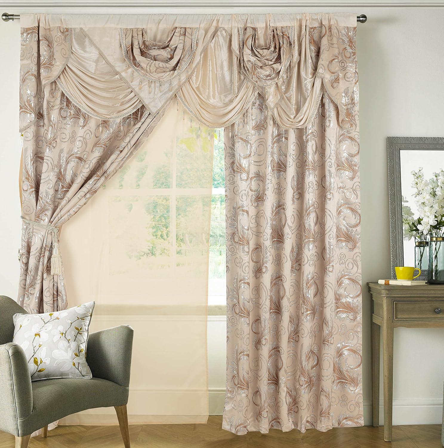 GLORY RUGS Jana Collection Beige Paisley Rod Pocket Curtains, 112" x 84"