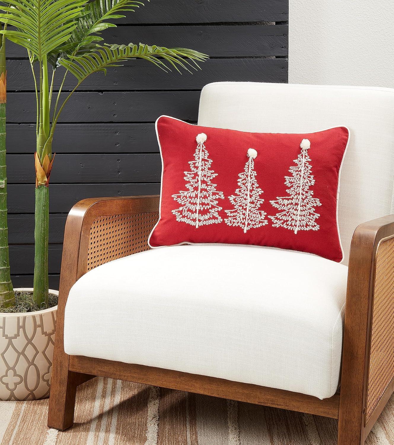 Saro Lifestyle Charming Christmas Trees Throw Pillow Cover, 14"x20", Red