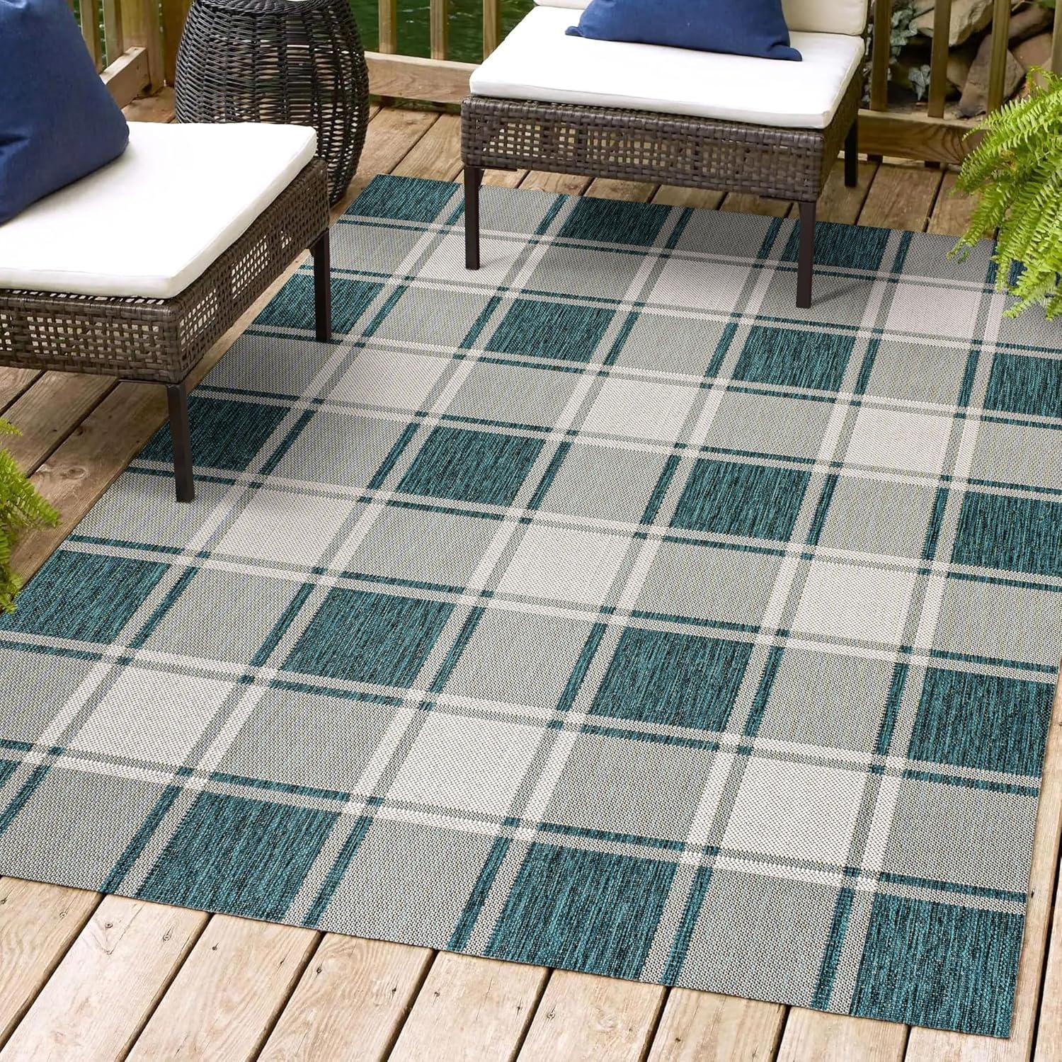 Sabine Traditional Farmhouse Bold Gingham Turquoise/Cream 8 ft. x 10 ft. Indoor/Outdoor Area Rug