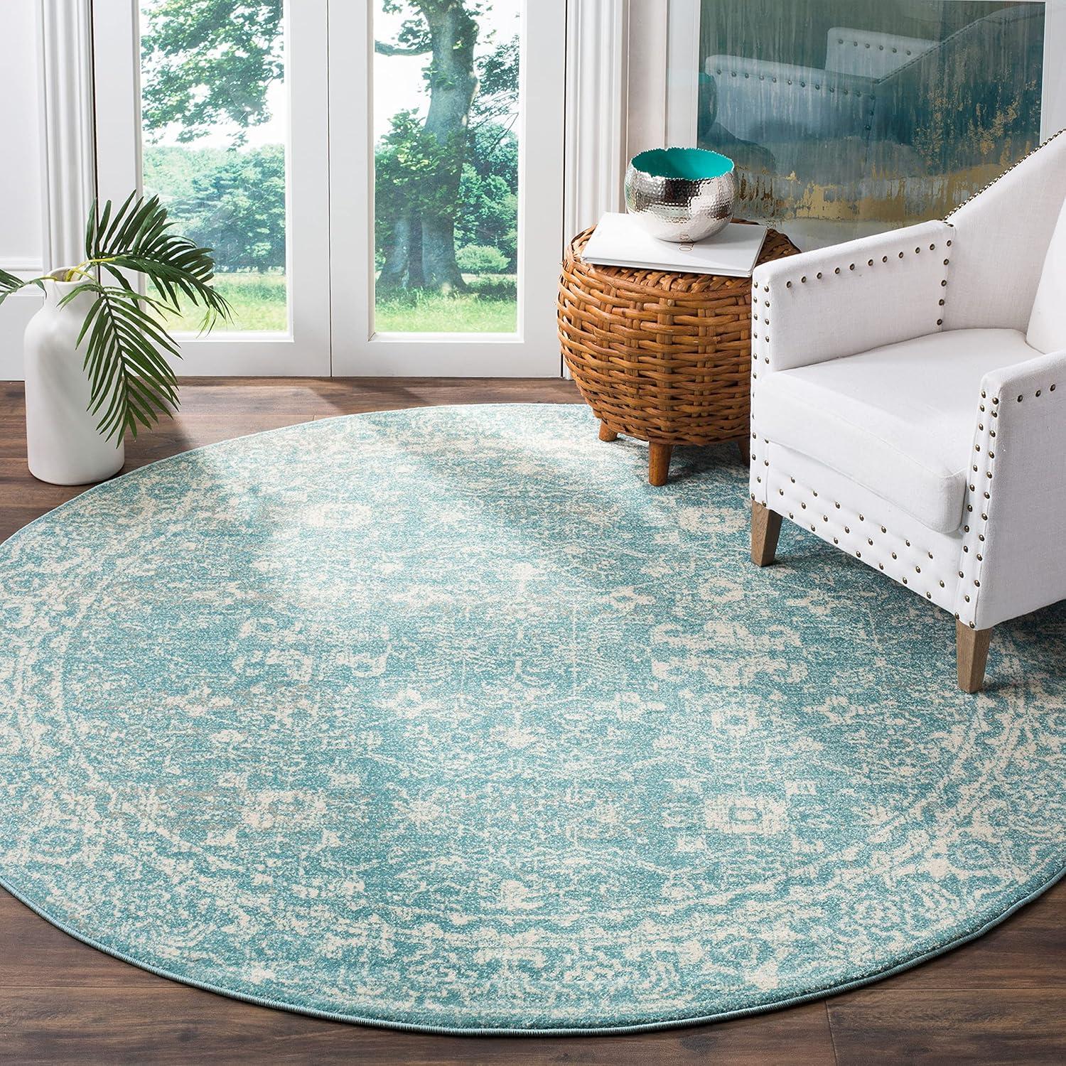 Light Blue and Ivory Round Synthetic High Pile Rug