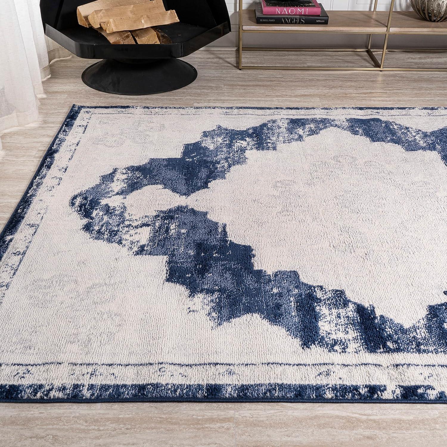 Ivory and Navy Synthetic Flat Woven 8' x 10' Area Rug