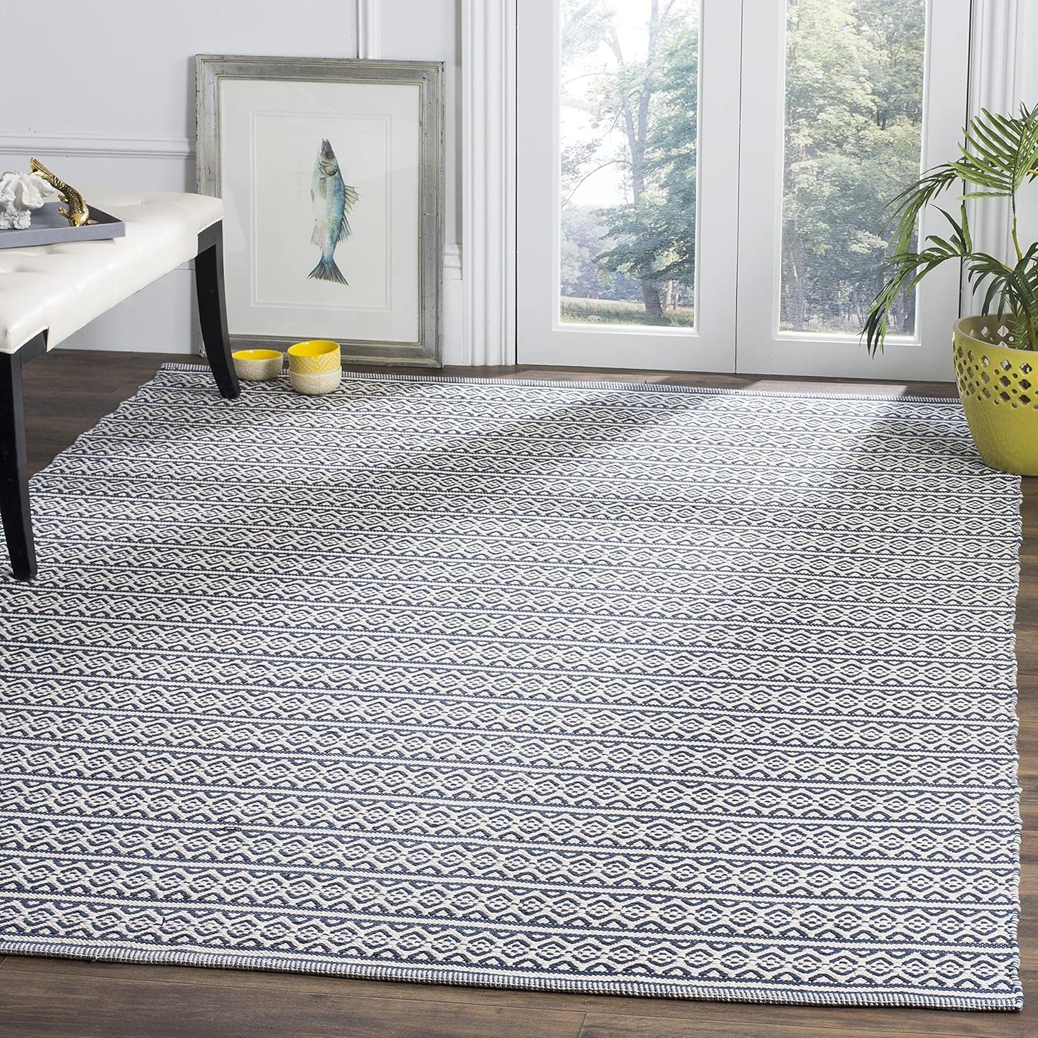 Ivory and Navy Handwoven Cotton Flatweave Area Rug 6' x 9'