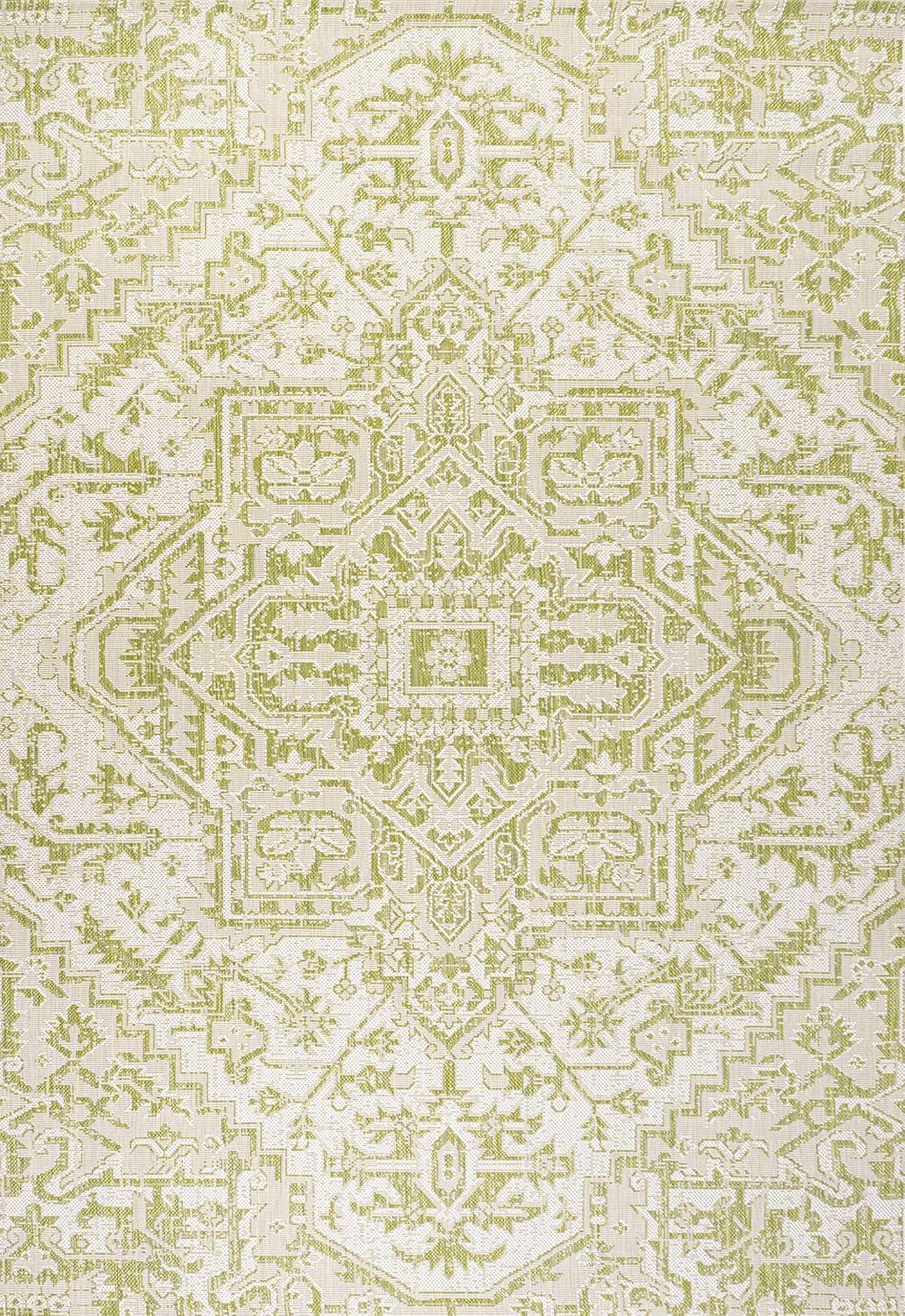 9' x 12' Estrella Bohemian Styled Medallion Textured Weave Indoor/Outdoor Area Rug, Cream/Green - JONATHAN Y