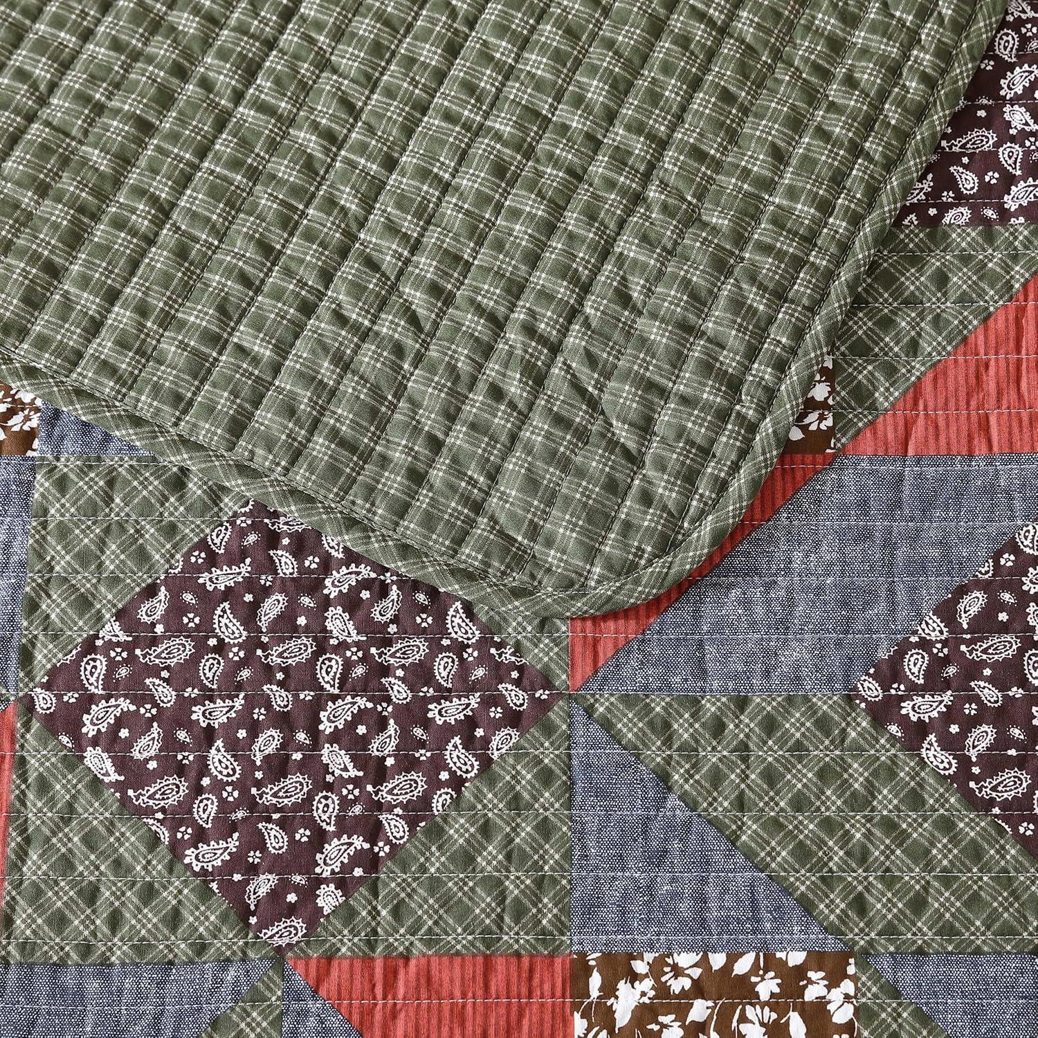 Eddie Bauer Block Patchwork Cotton Reversible Green Quilt Set