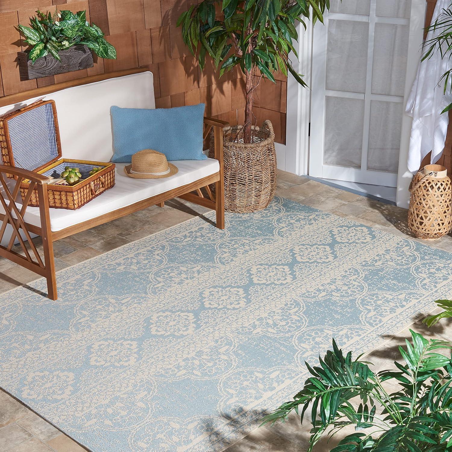 Aqua and Cream Washable Synthetic Rectangular Rug