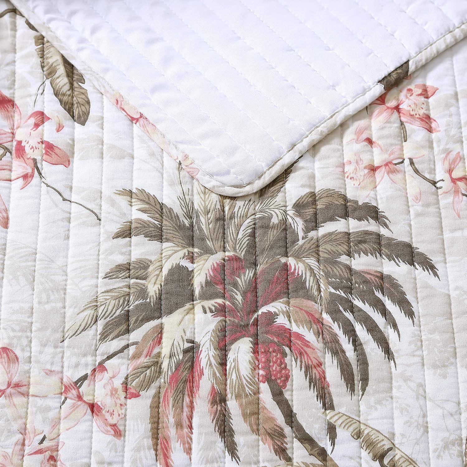 White Cotton Twin Quilt Set with Tropical Print