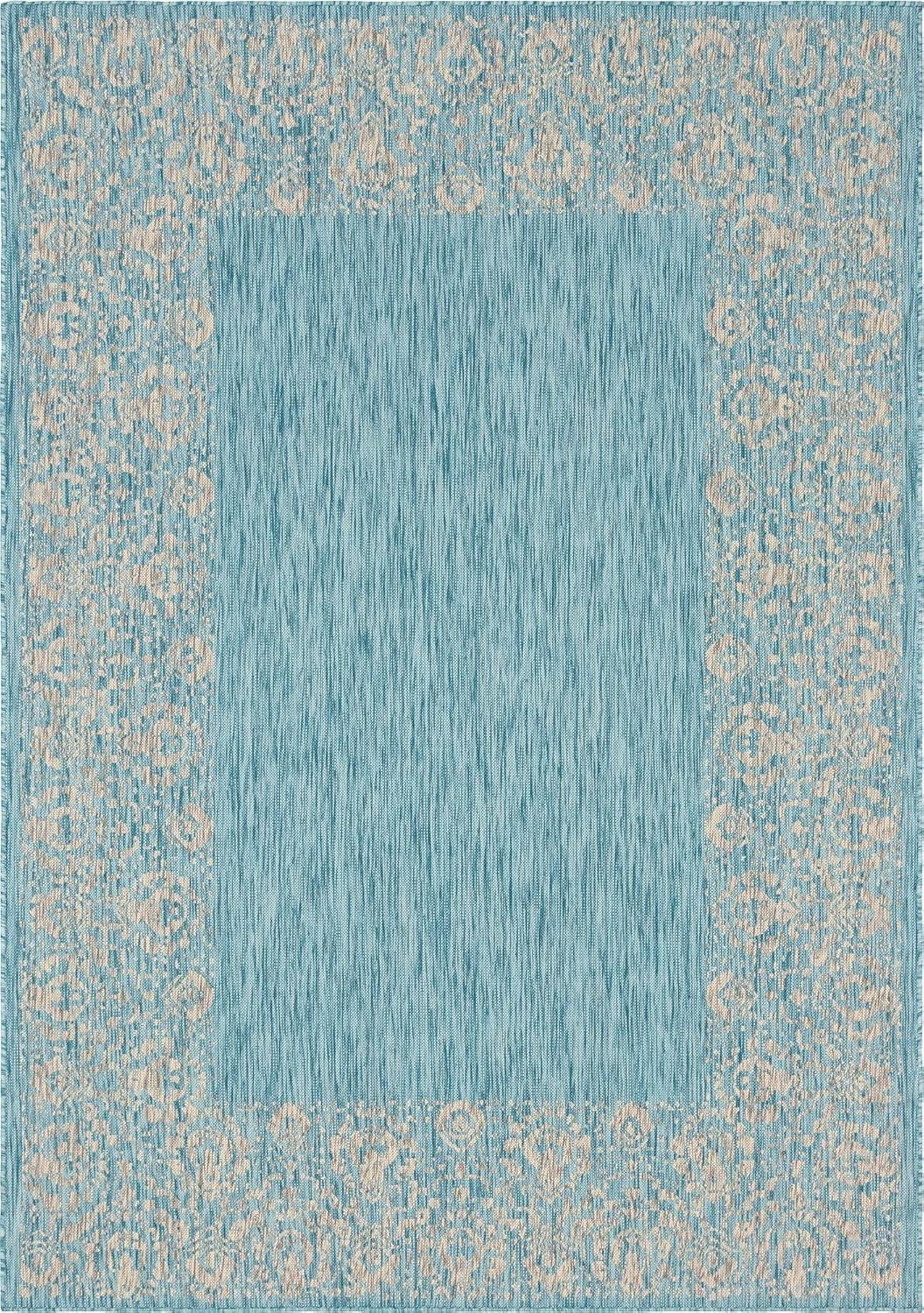 Unique Loom Outdoor Border Collection Area Rug - Floral Border (7' 1" x 10' Rectangle Aqua/Ivory)