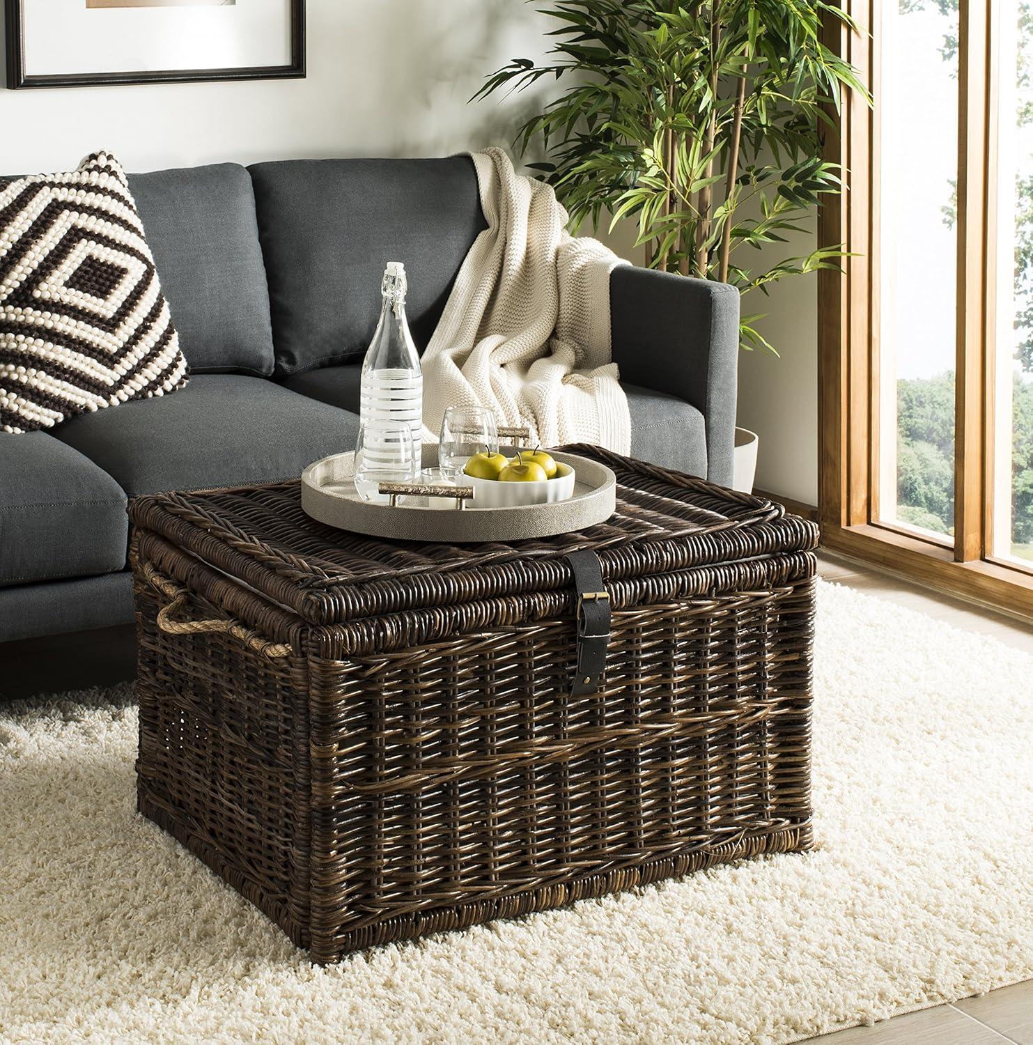 Caden 30'' Brown Wicker Storage Trunk with Leather Strap