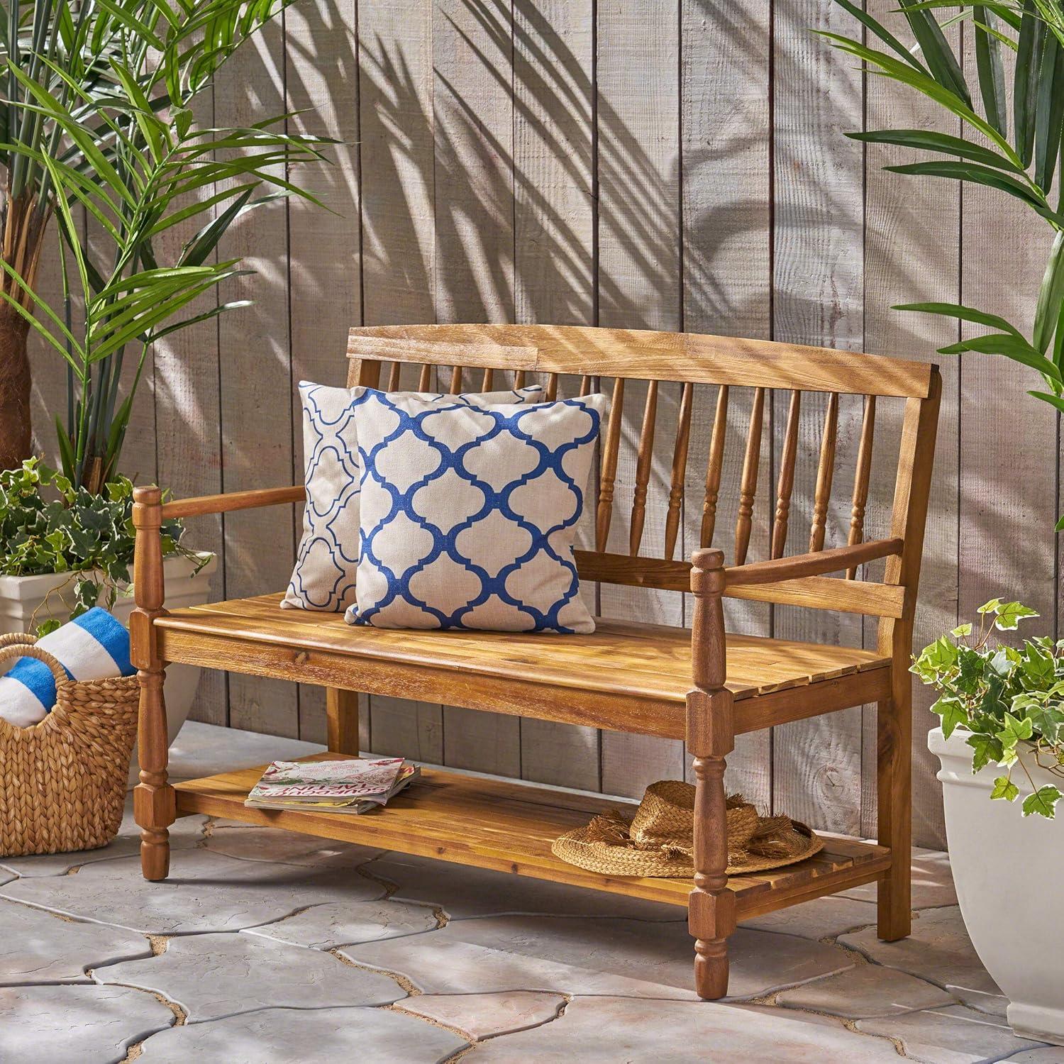 GDF Studio Kuhn Indoor/Outdoor Acacia Wood Bench with Shelf, Teak