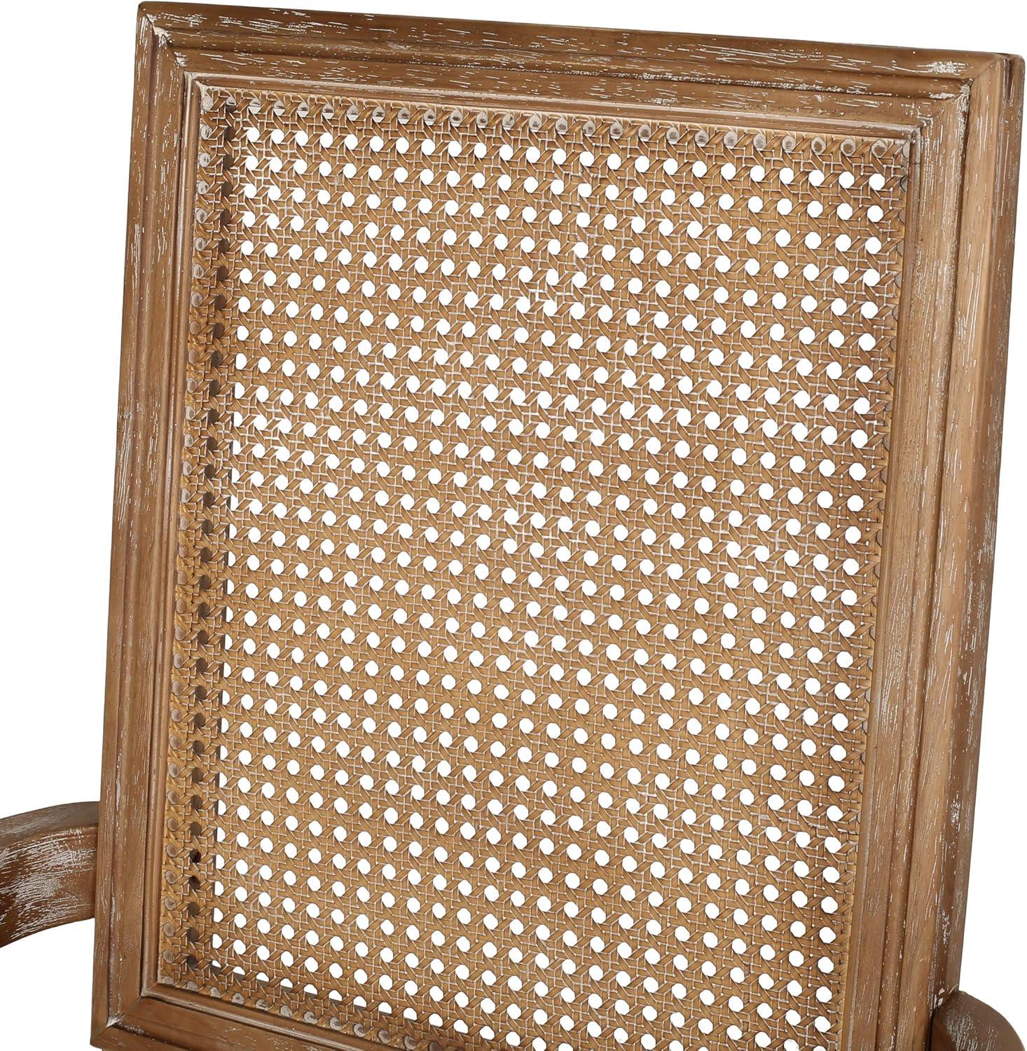 French Country Elegance Beige & Natural Wood Cane Upholstered Arm Chair