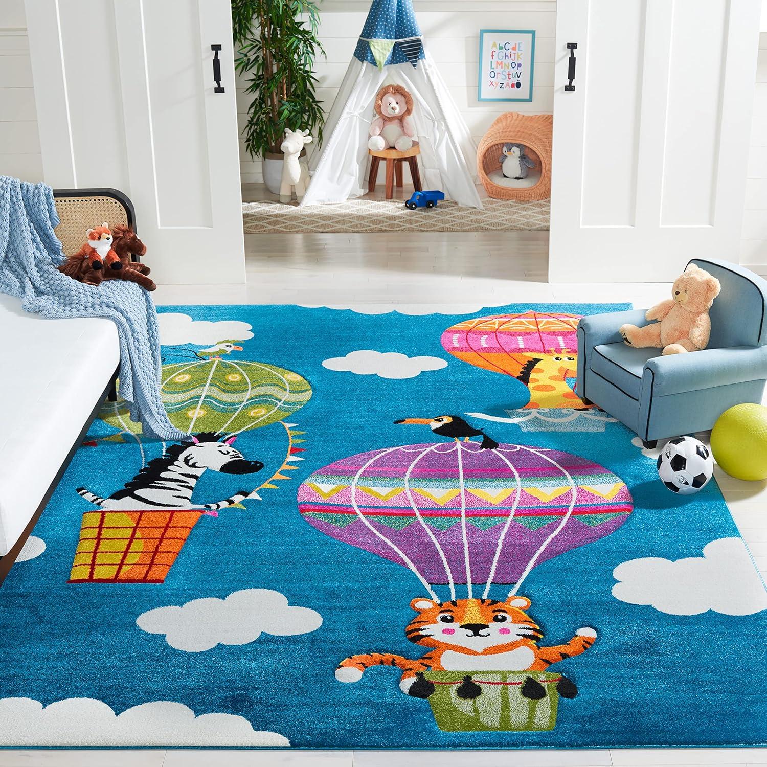 Blue and Green Square Kids Non-slip Synthetic Area Rug