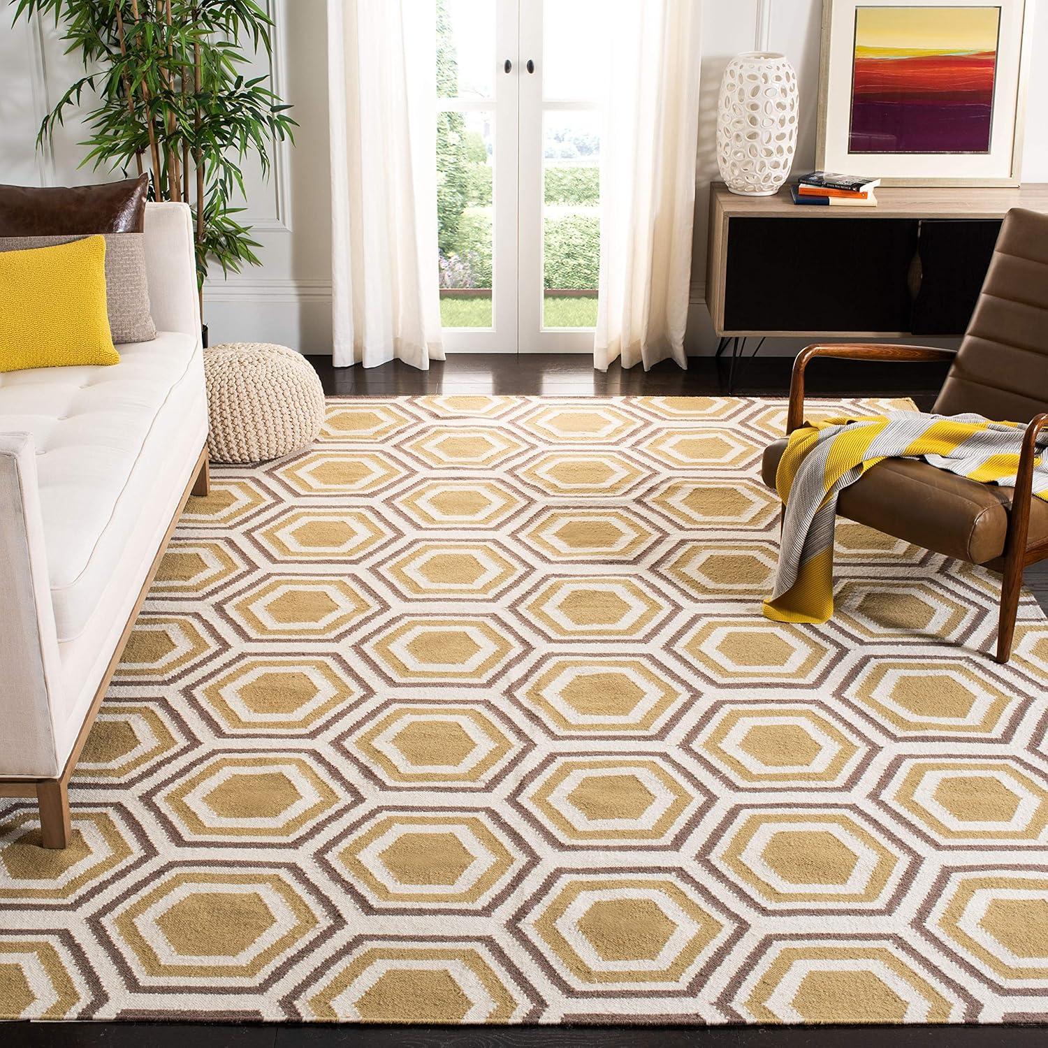 SAFAVIEH Dhurrie Weldon Geometric Hexagons Wool Area Rug, Ivory/Yellow, 6' x 9'