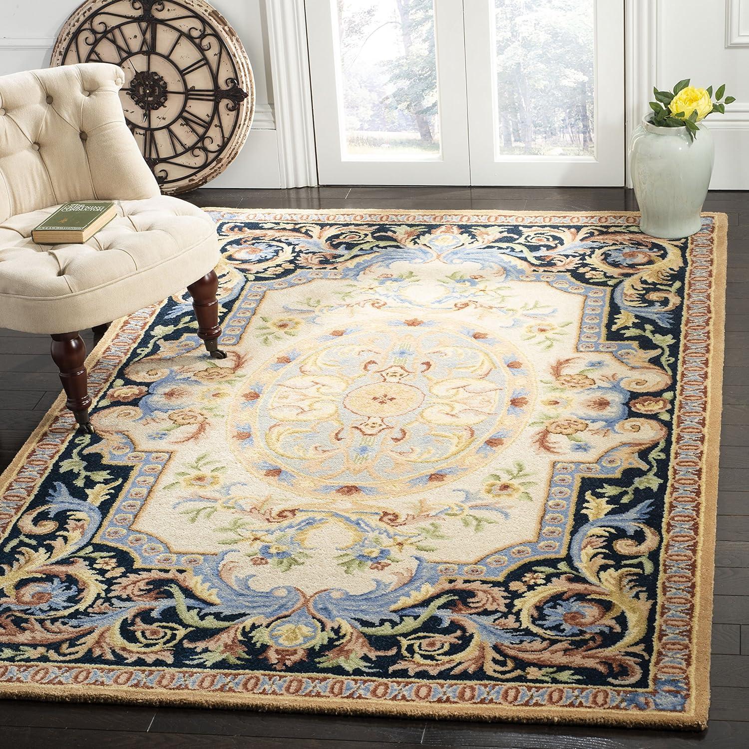 Savonnerie SAV116 Hand Tufted Area Rug - Ivory/Navy - 8'x10' - Safavieh.