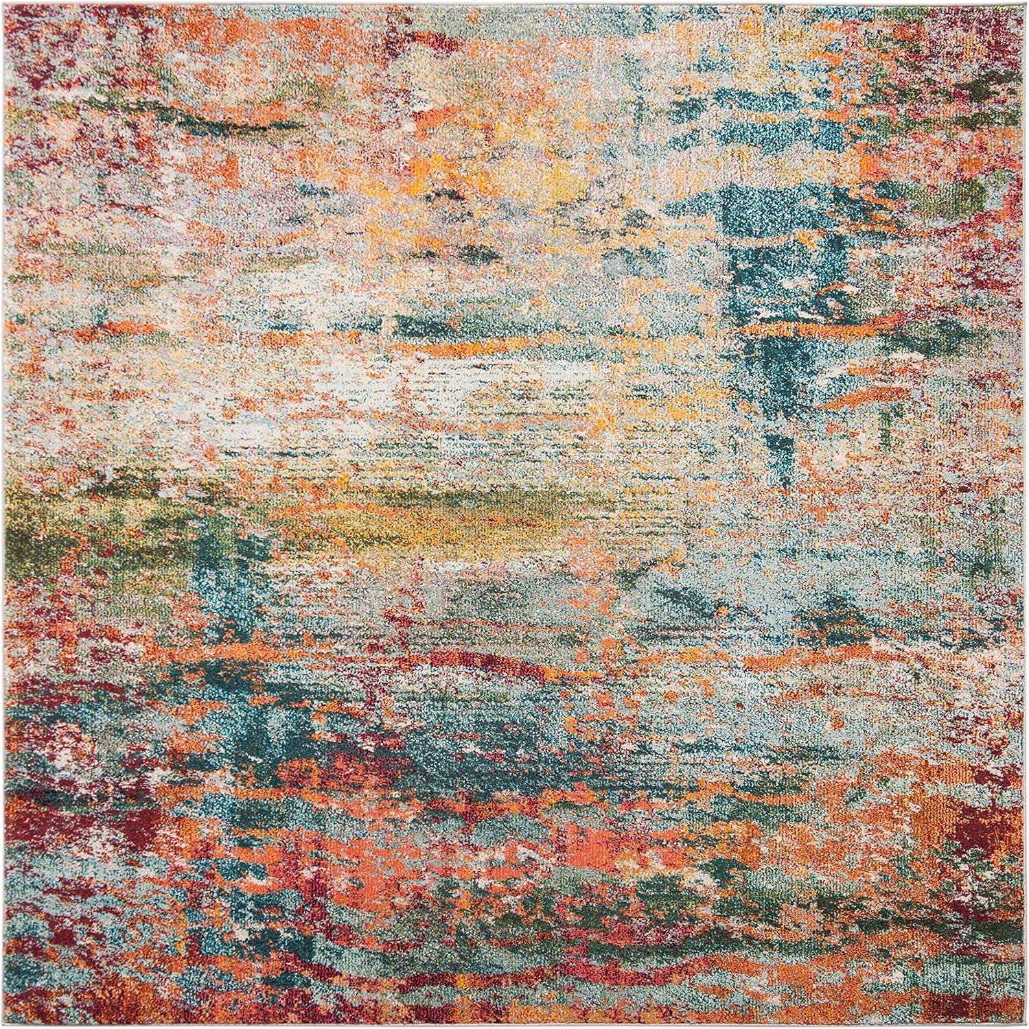 Monaco Teal & Orange Abstract Boho Chic Square Area Rug, 9'x9'