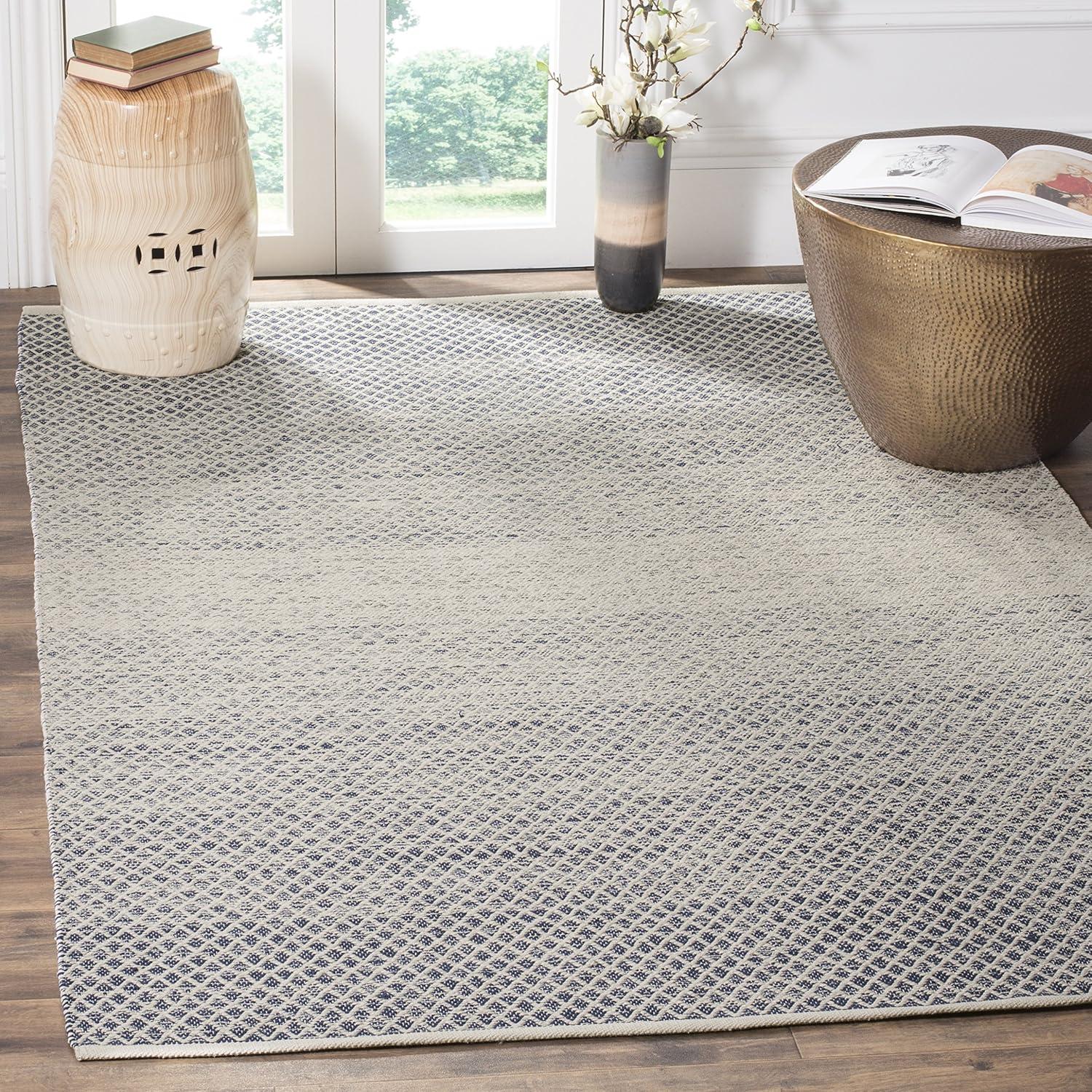 Ivory and Navy Hand-Woven Cotton Square Rug