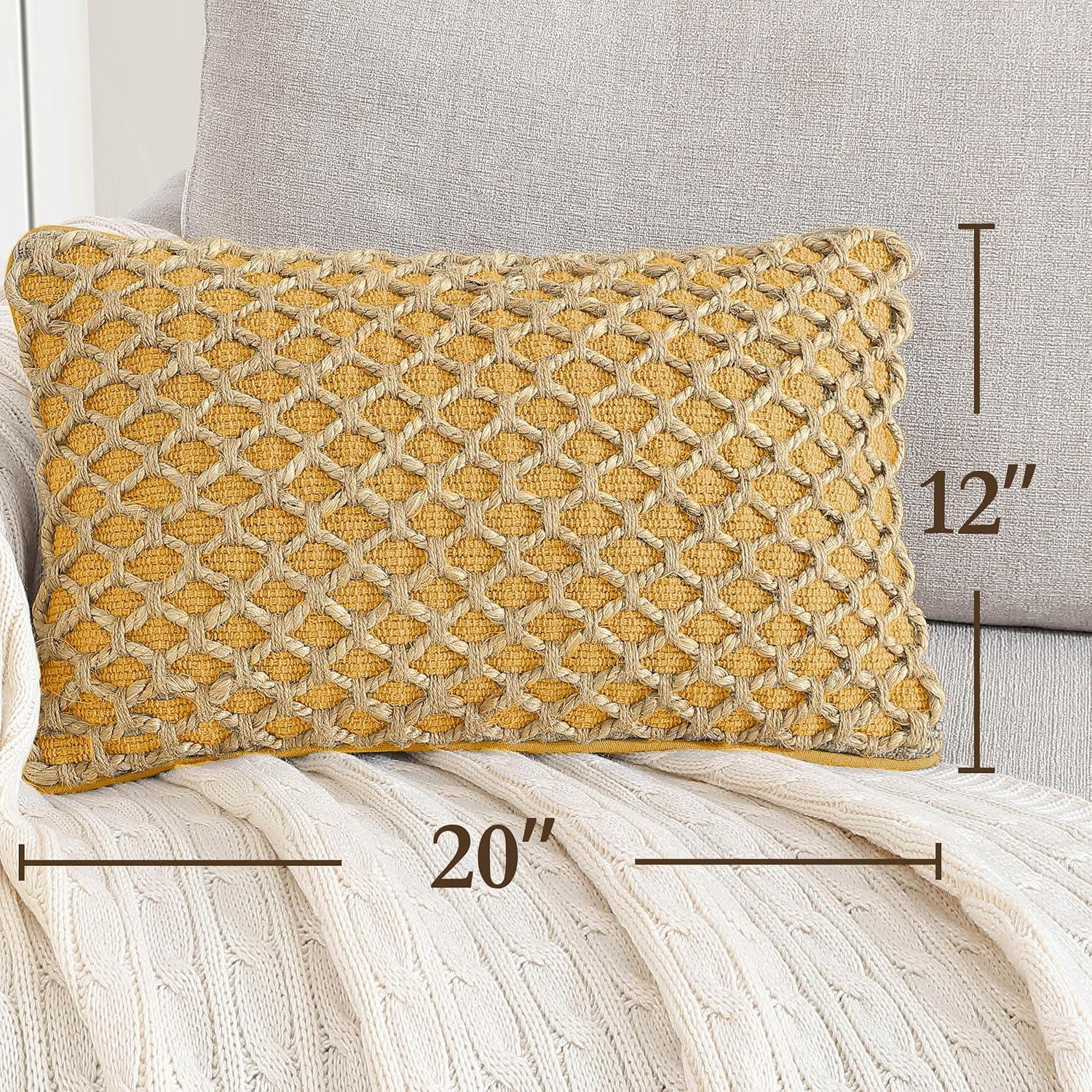 Mustard Yellow Rectangular Woven Cotton and Jute Throw Pillow