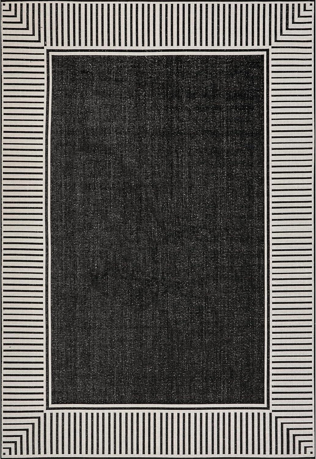 Black and Beige Striped Synthetic 4' x 6' Outdoor Area Rug
