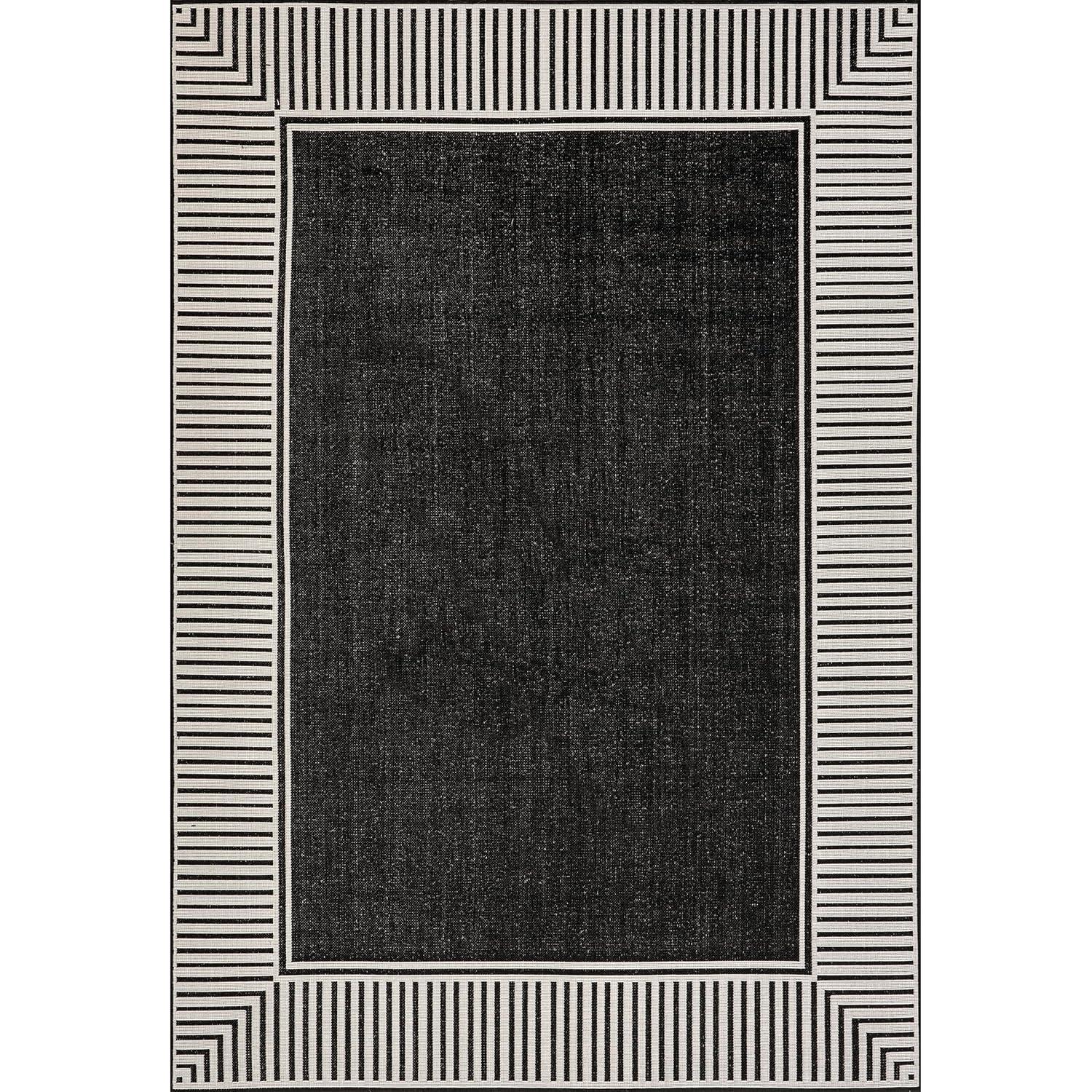 Black and Beige Striped Synthetic 4' x 6' Outdoor Area Rug