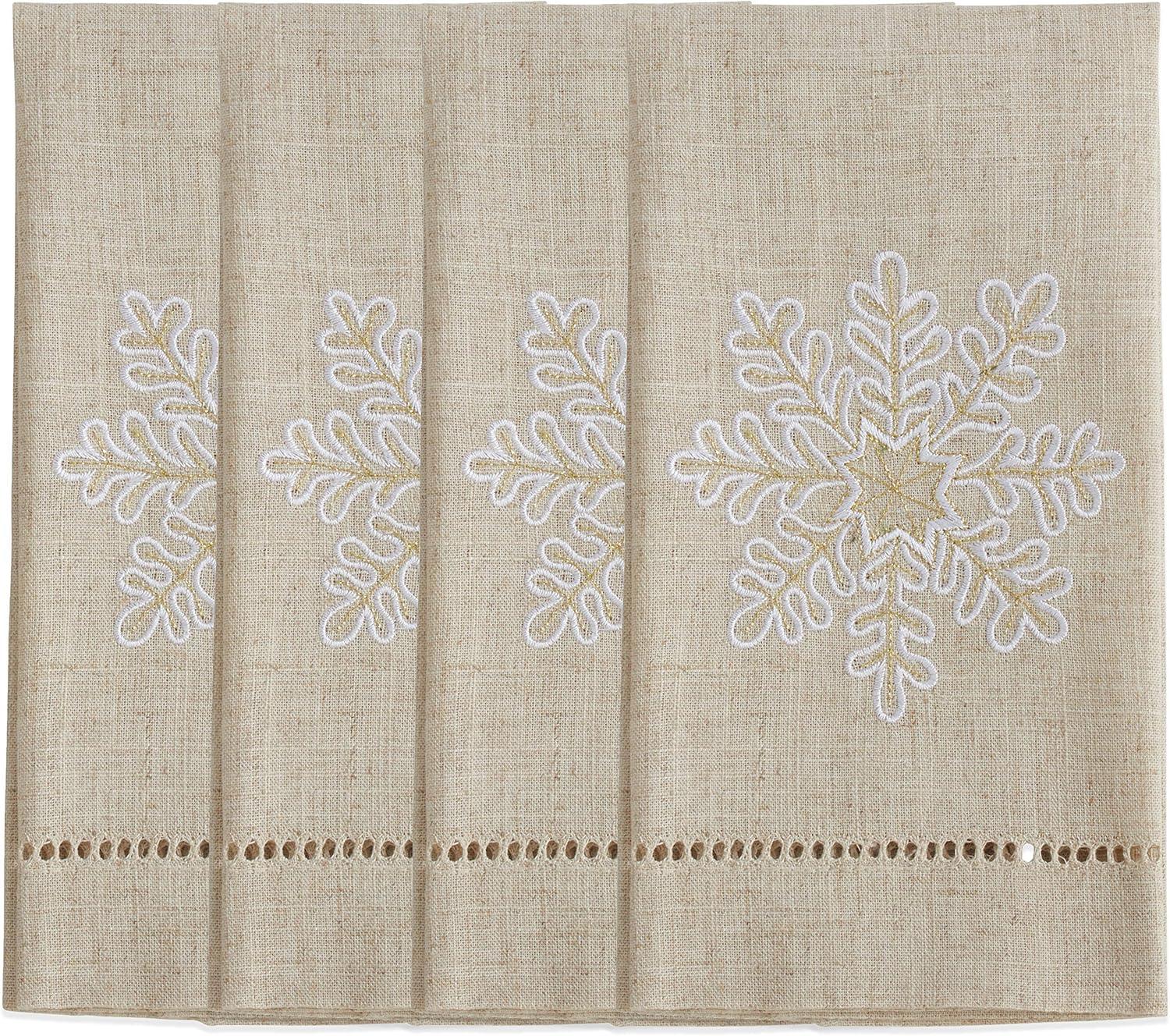 Saro Lifestyle  14 x 22 in. Embroidered & Hemstitched Snowflake Guest Towels, Natural - Set of 4