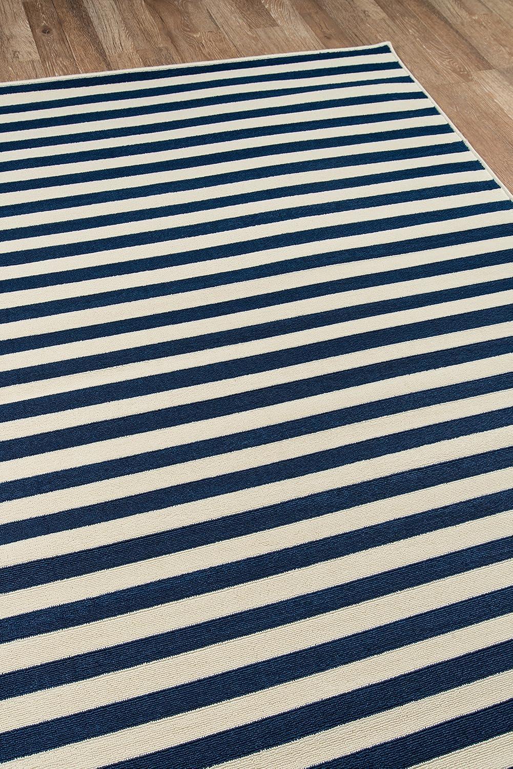 Navy and White Striped Reversible Synthetic Rectangular Rug 5'3" x 7'6"