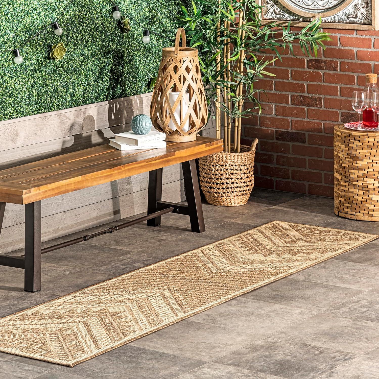 Nuloom Landry Geometric 2x8 Indoor/Outdoor Runner Rug for Living Room Patio Deck Front Porch Entryway Hallway Kitchen, Brown/Ivory
