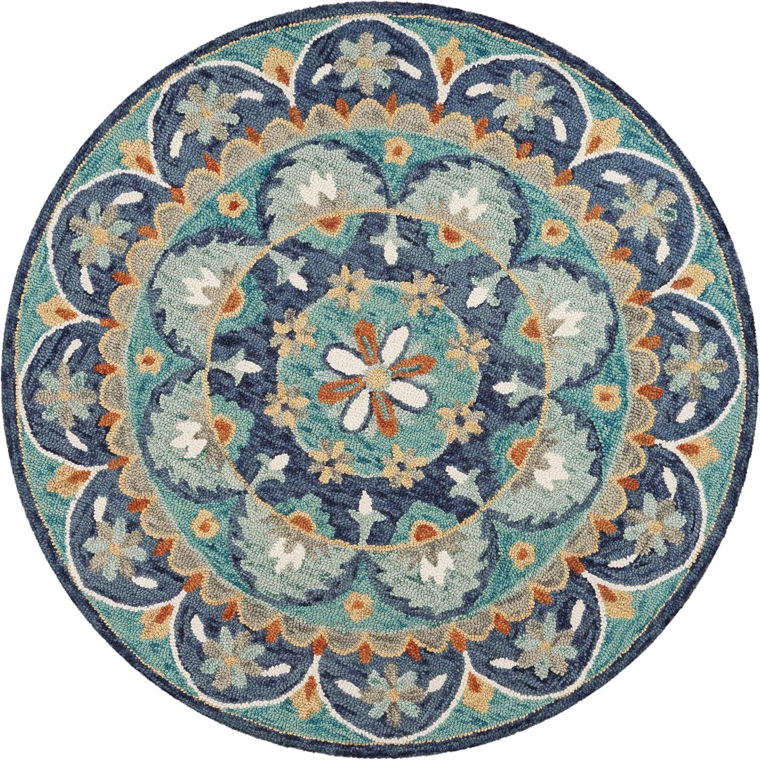 Ox Bay Elle 4' Round Teal/Blue Floral Medallion Indoor Area Rug