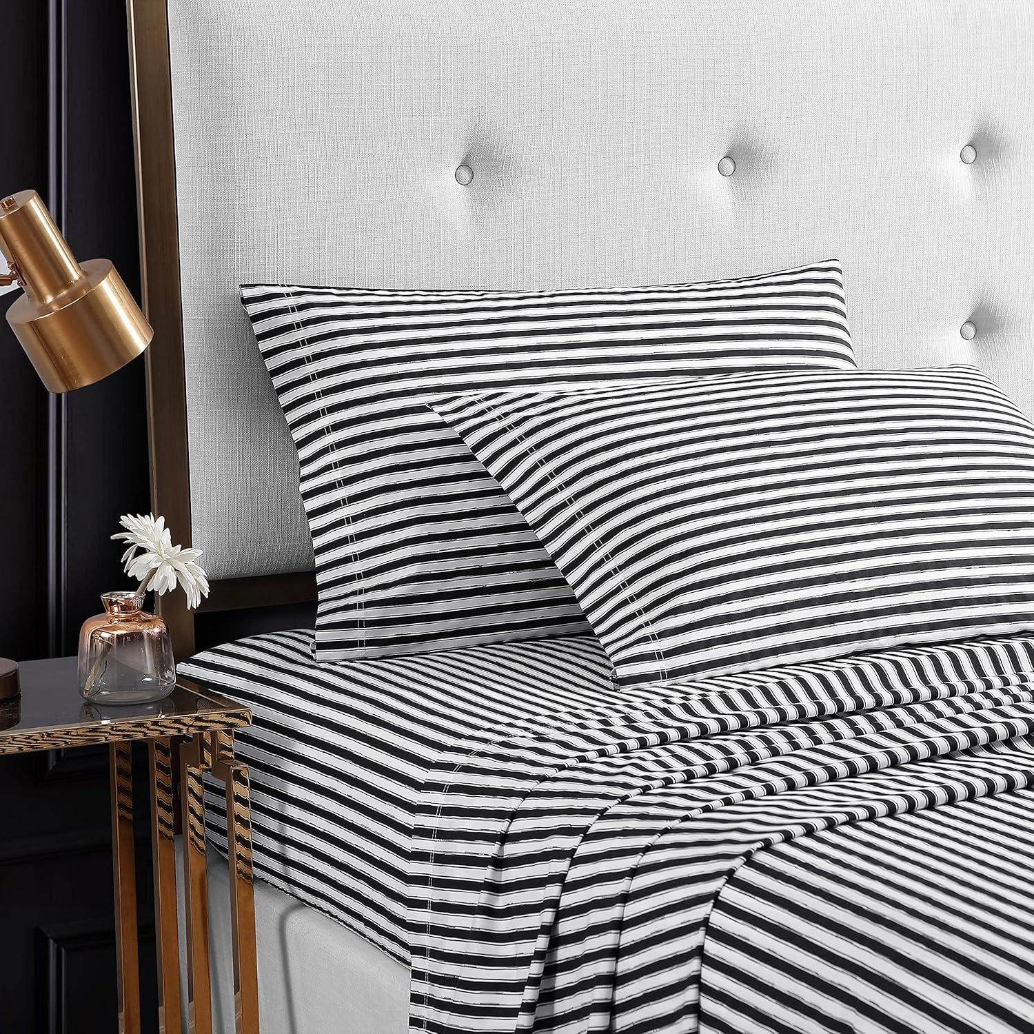 Twin White and Black Striped Cotton Percale Sheet Set