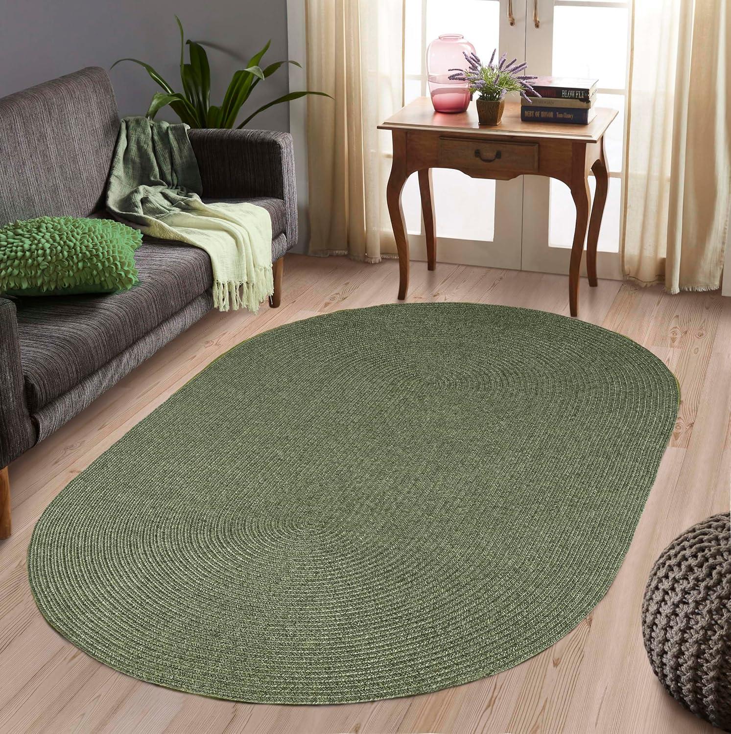 Green Braided Oval Synthetic Area Rug 5' x 8' - Easy Care & Reversible