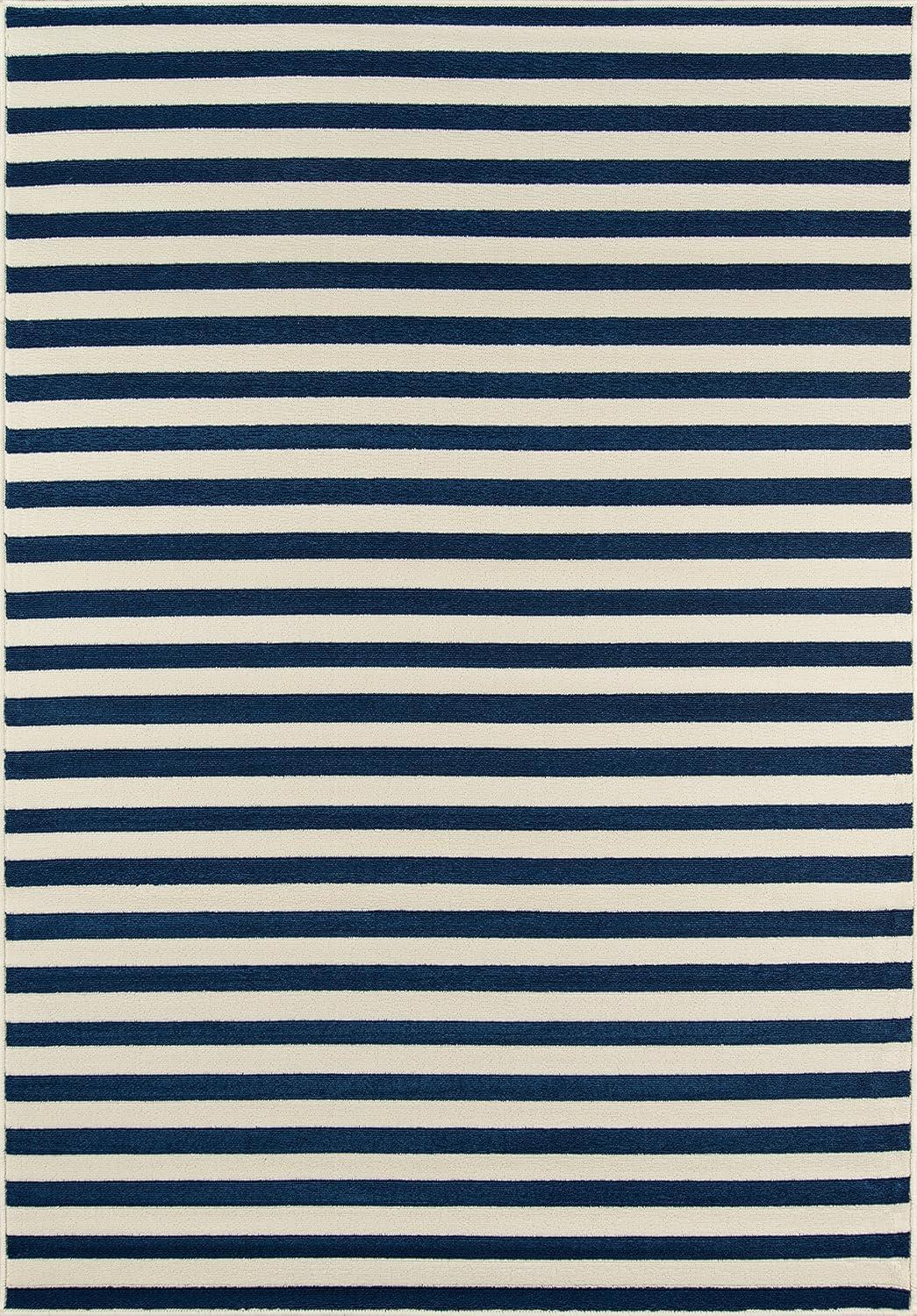 Navy and White Striped Reversible Synthetic Rectangular Rug 5'3" x 7'6"