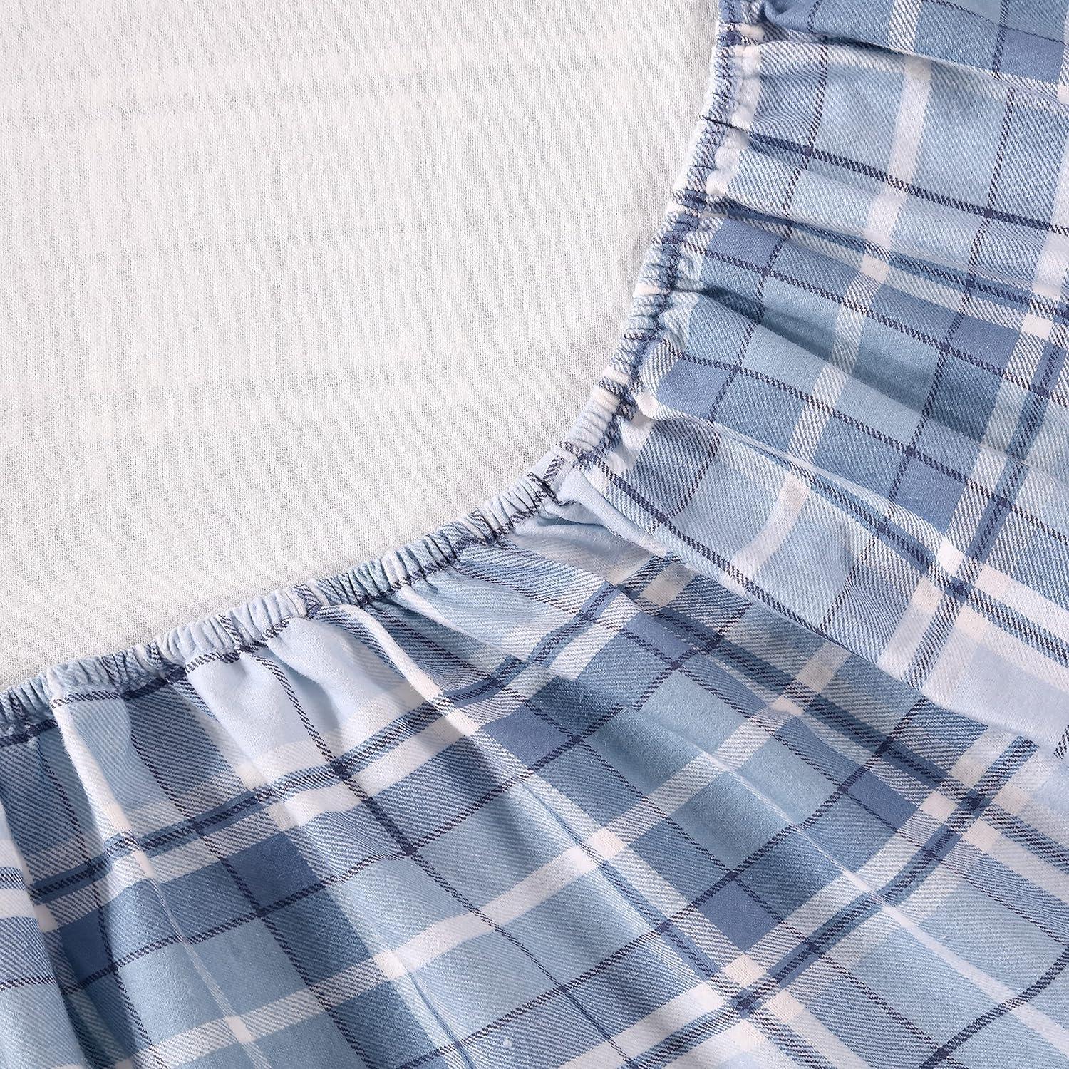 Vanessa Light Blue Cotton Flannel Full Plaid Sheet Set