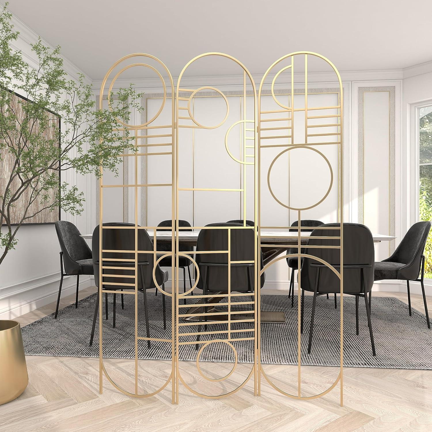 DecMode Modern 3 Panel Metal Room Divider Screen with Geometric Pattern and Gold Finish, 50"W x 69"H