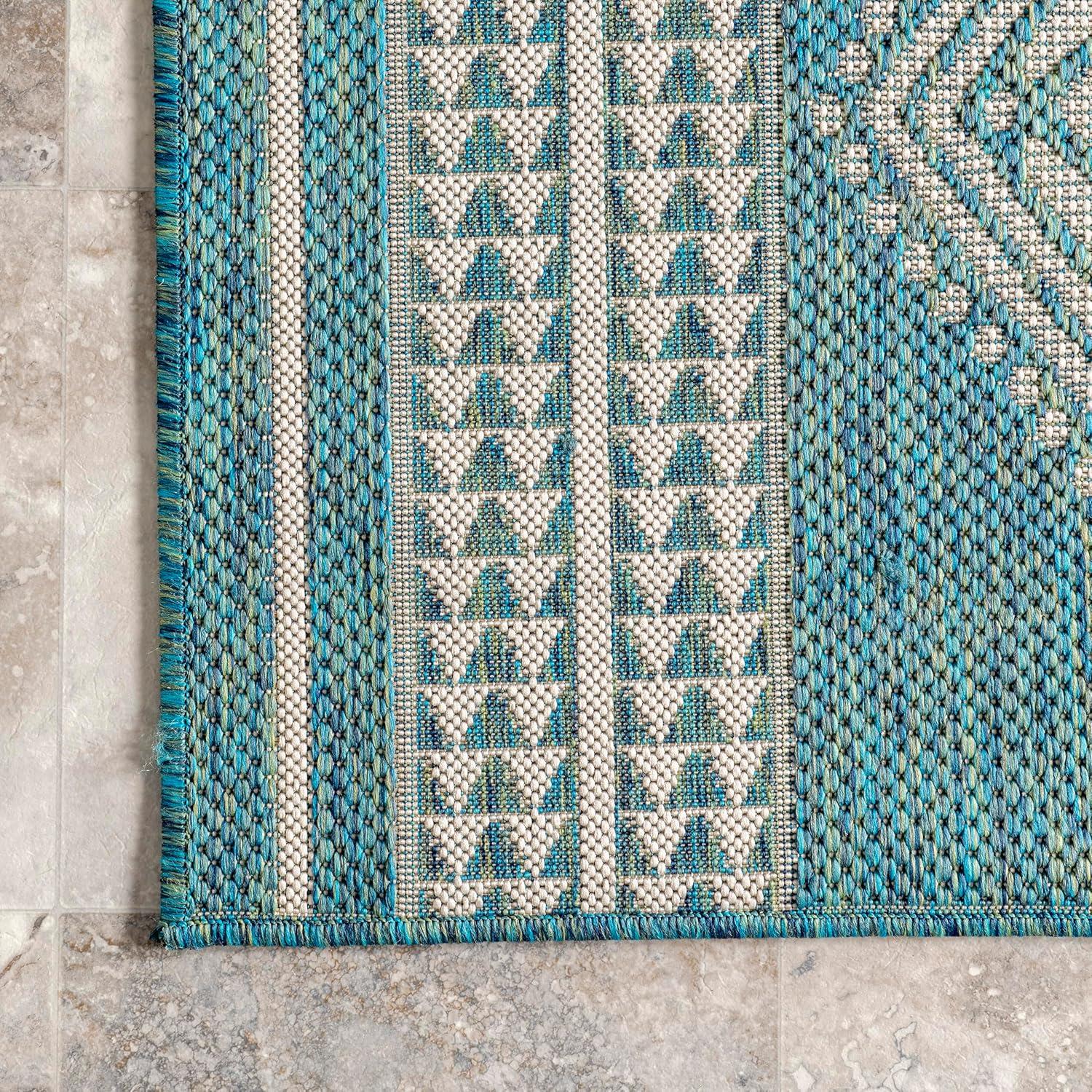 Nuloom 8x10 Outdoor/Indoor Ranya Bohmeian Area Rug, Teal, Geometric , Stain Resistant, Highly Durable, Patio, Balcony, BedroomLiving Room, Kitchen