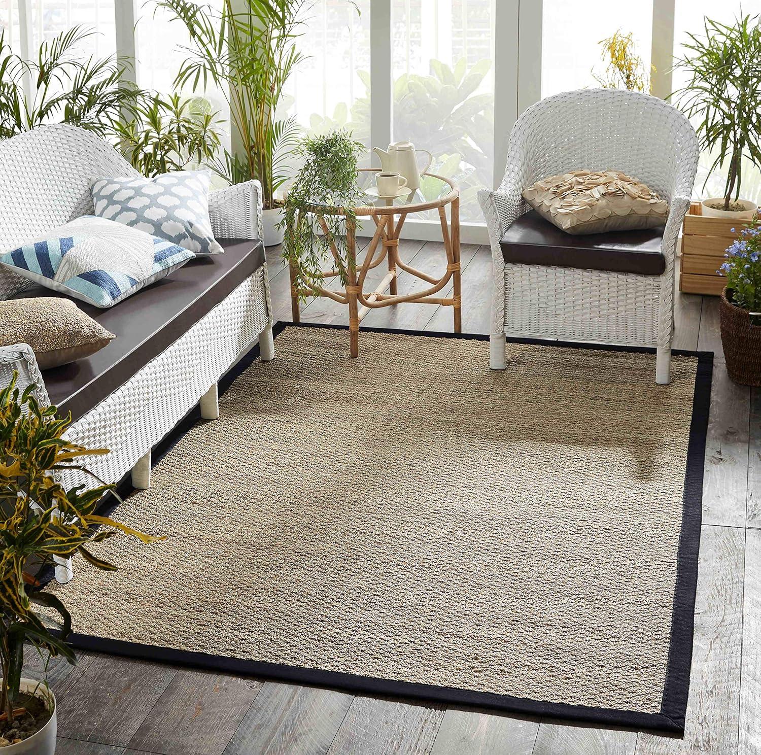 Natural Seagrass Area Rug with Black Cotton Border, 5'x7'