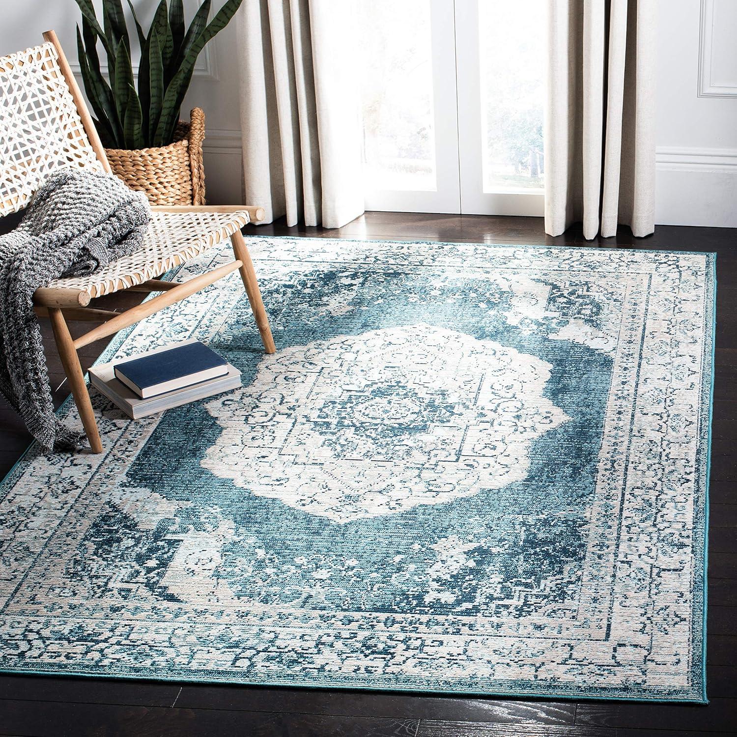 Reversible Synthetic Blue & Beige Medallion 4' x 6' Area Rug