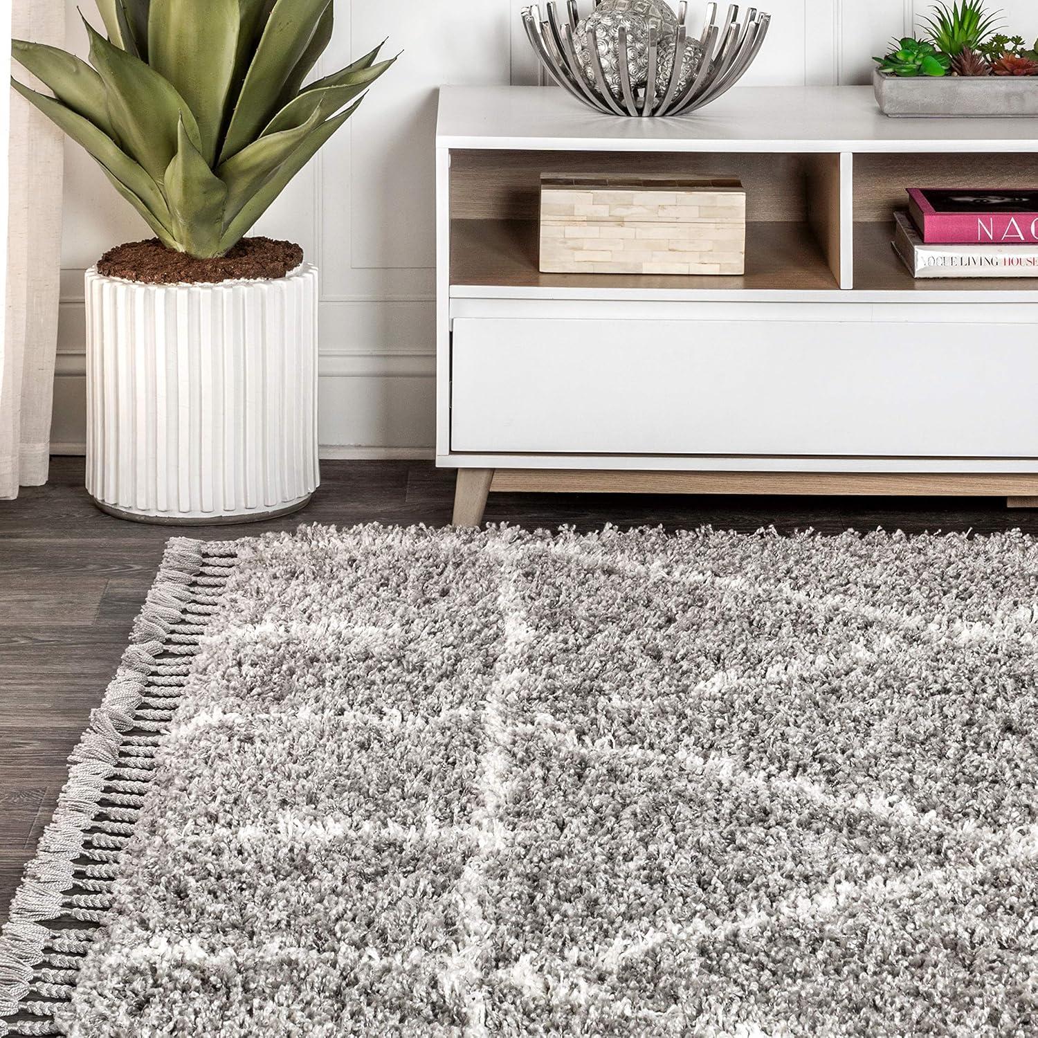 4'x6' Mercer Shag Plush Tassel Moroccan Geometric Trellis Area Rug, Grey/Cream - JONATHAN Y