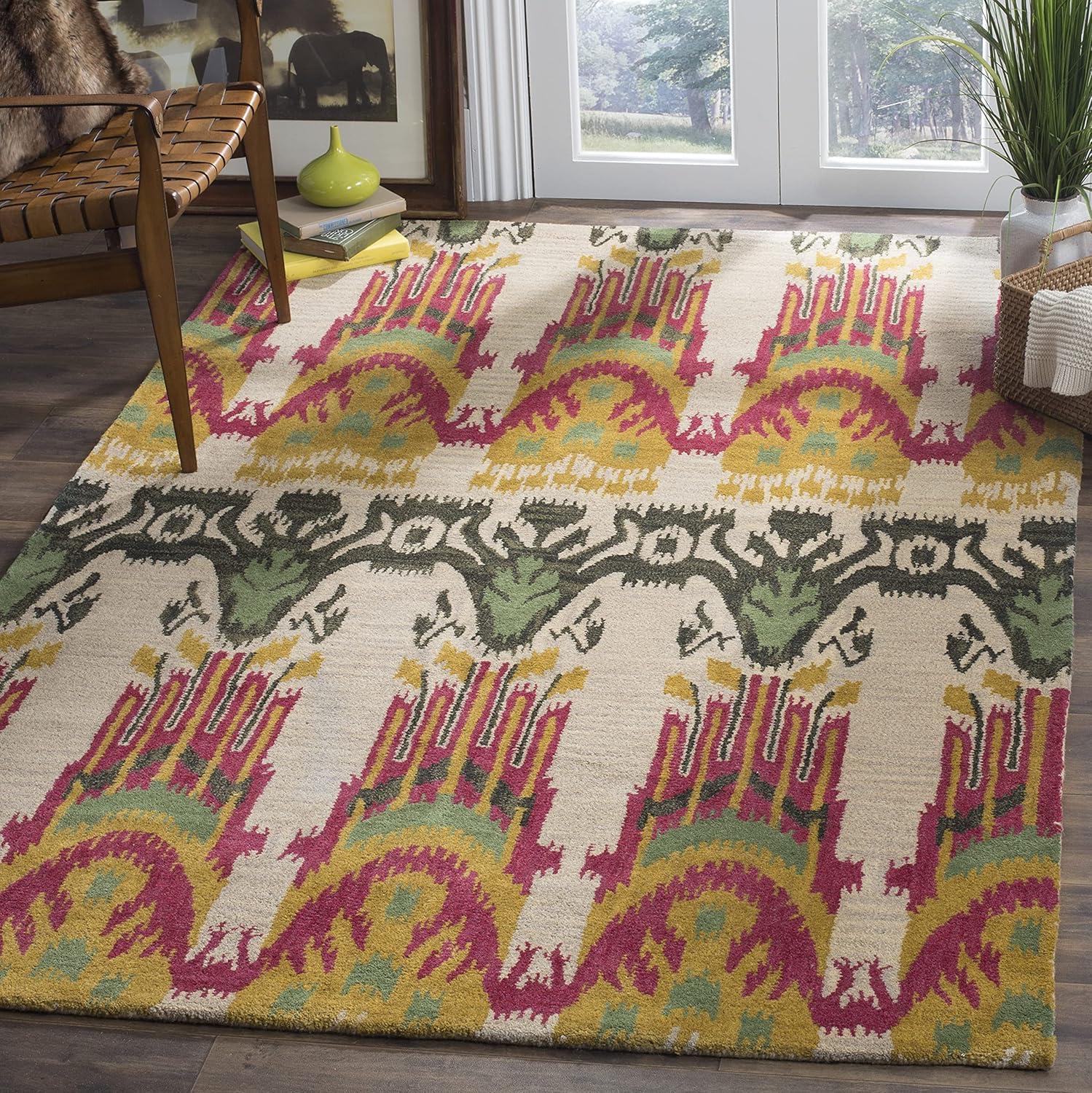 Beige and Yellow Ikat Wool Hand-Tufted Area Rug 9' x 12'