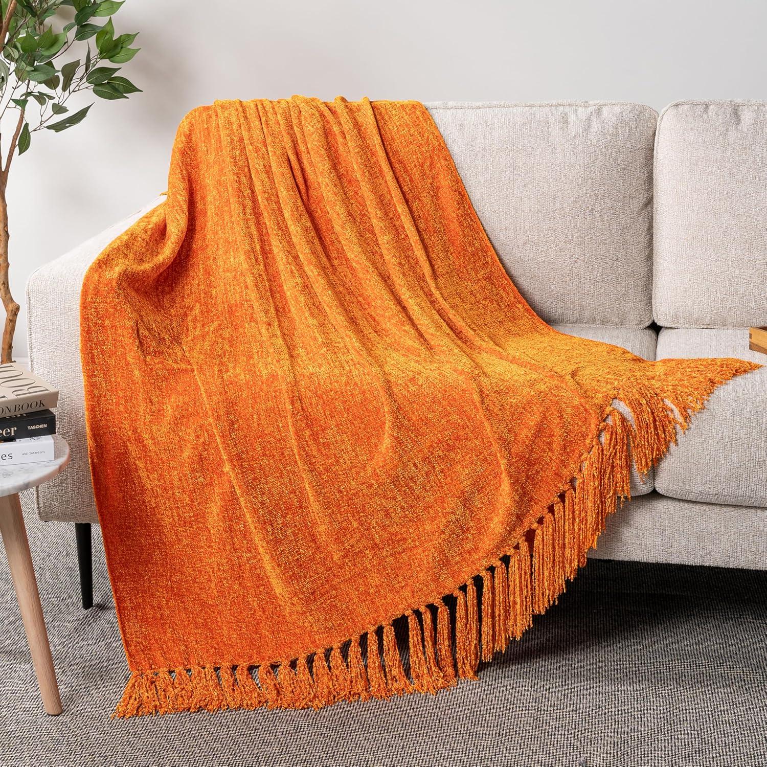 PAVILIA Chenille Throw Blanket with Woven Knitted Tassel Fringe for Couch, Living Room Decor and Bed