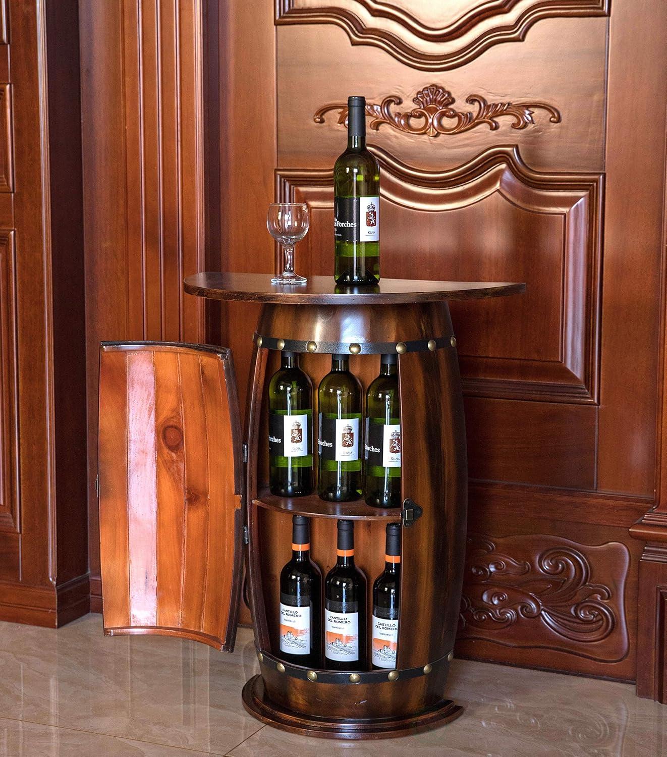 Vintiquewise Rustic Lockable Barrel Shaped Wine Bar Cabinet Wooden End Table