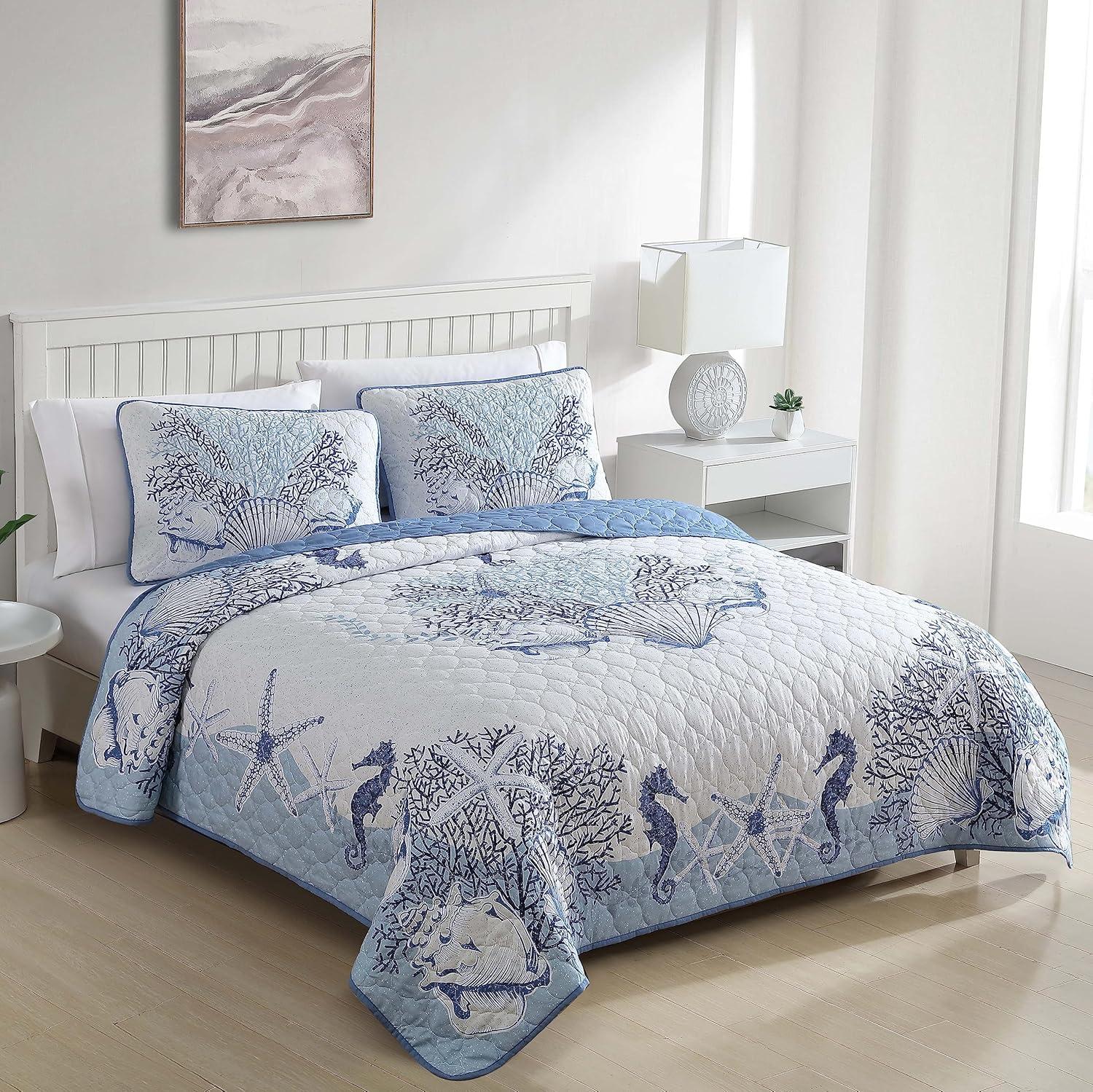 Caribbean Joe  Coastal 3PC Quilt Set Beach Delight Denim - Full - Queen