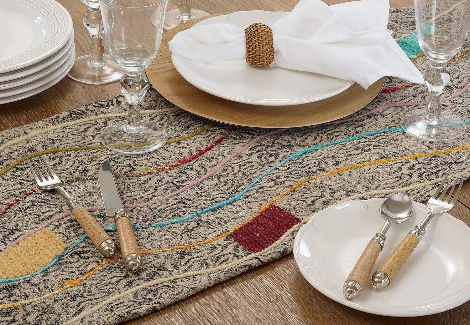 Gray Abstract Embroidered Cotton Table Runner, 16" x 72"