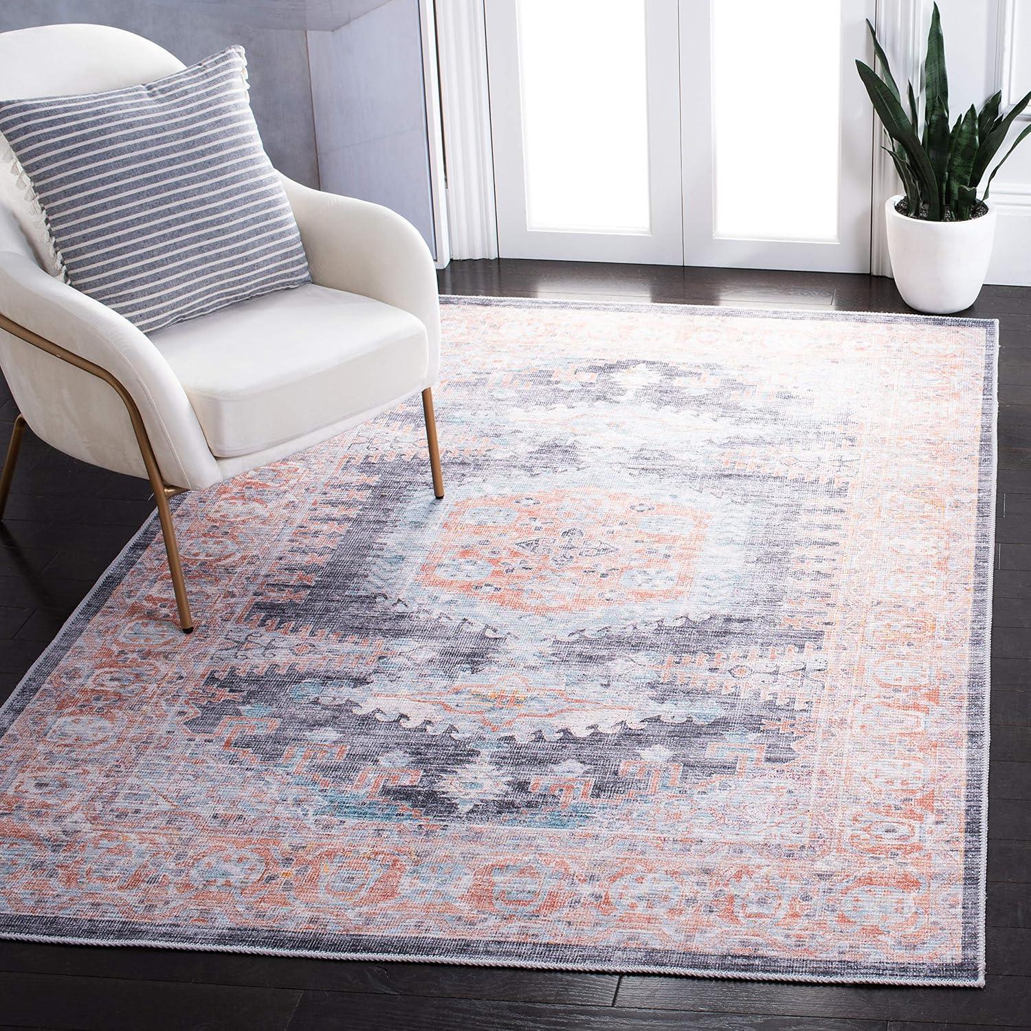 Serapi 6'7" x 9' Blue and Terracotta Washable Area Rug