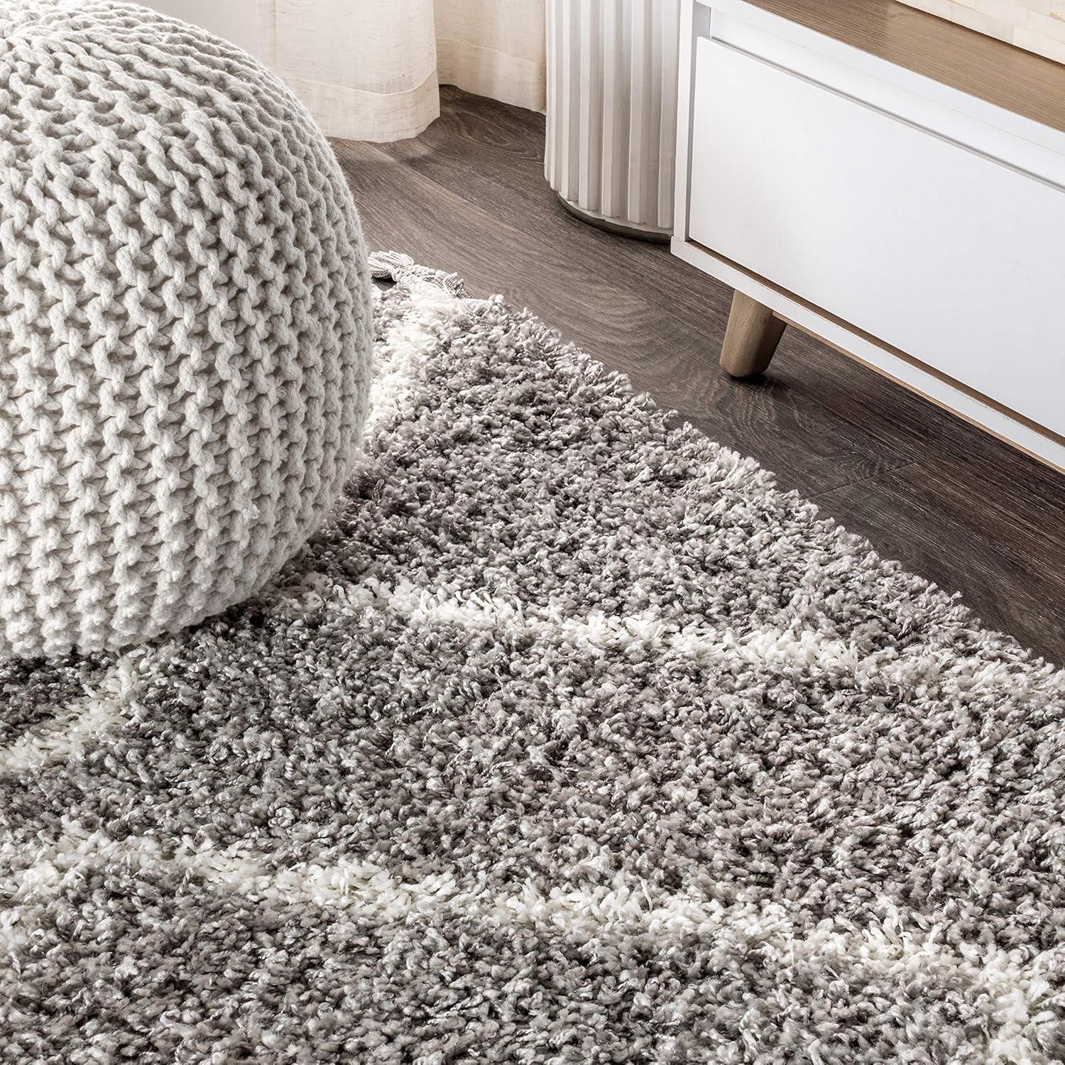 5'x8' Mercer Shag Plush Tassel Moroccan Diamond Area Rug, Grey/Cream - JONATHAN Y